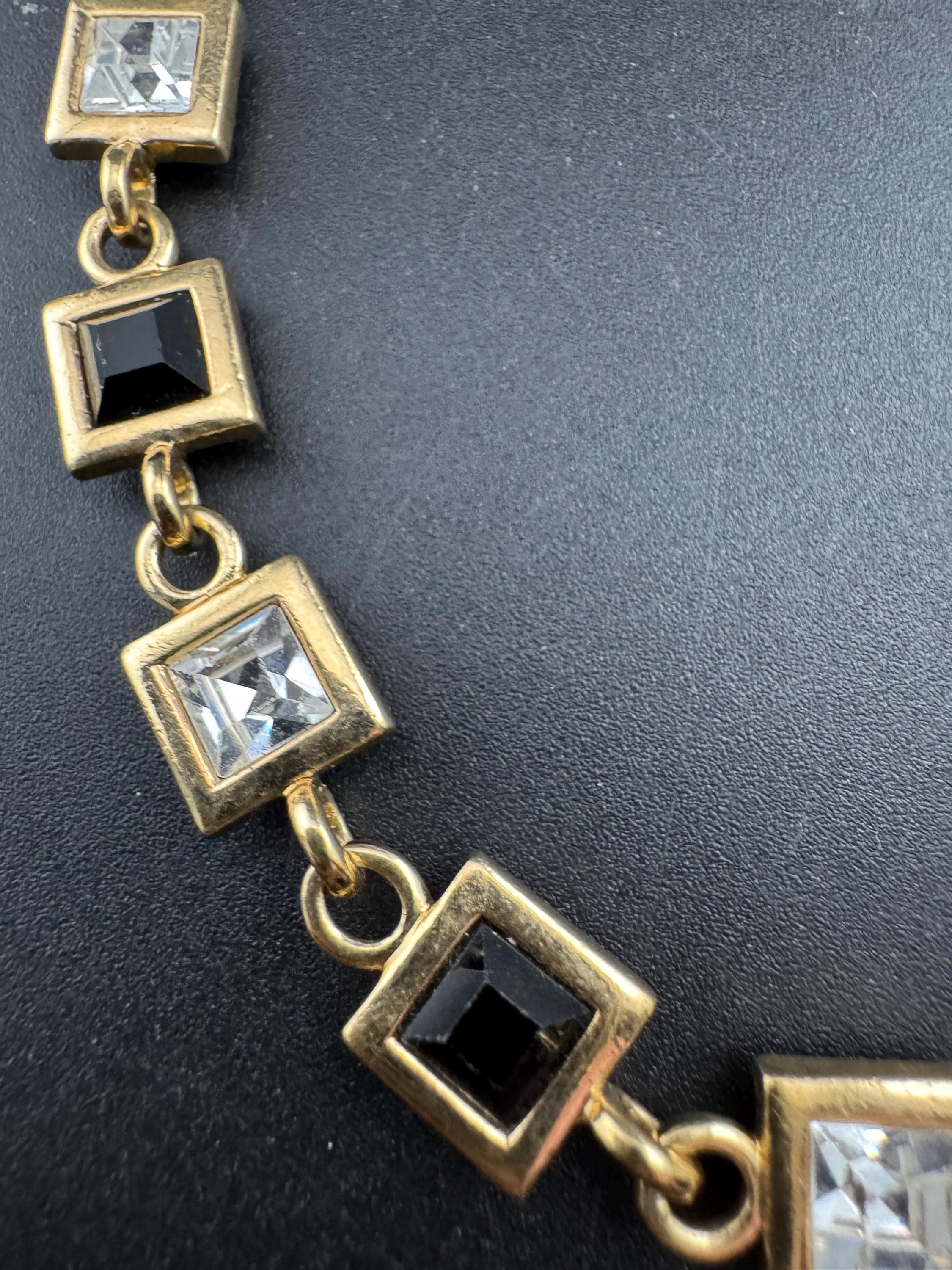 Signed square clear and black diamanté crystal collar necklace 43cm, Matt gold tone