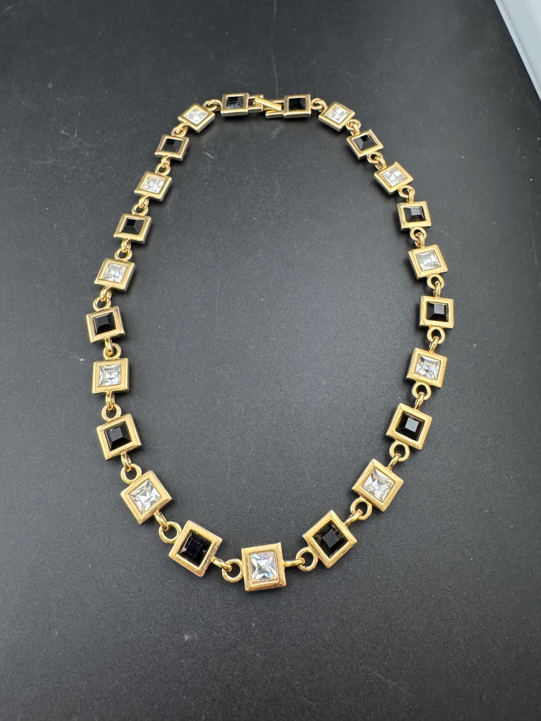Signed square clear and black diamanté crystal collar necklace 43cm, Matt gold tone