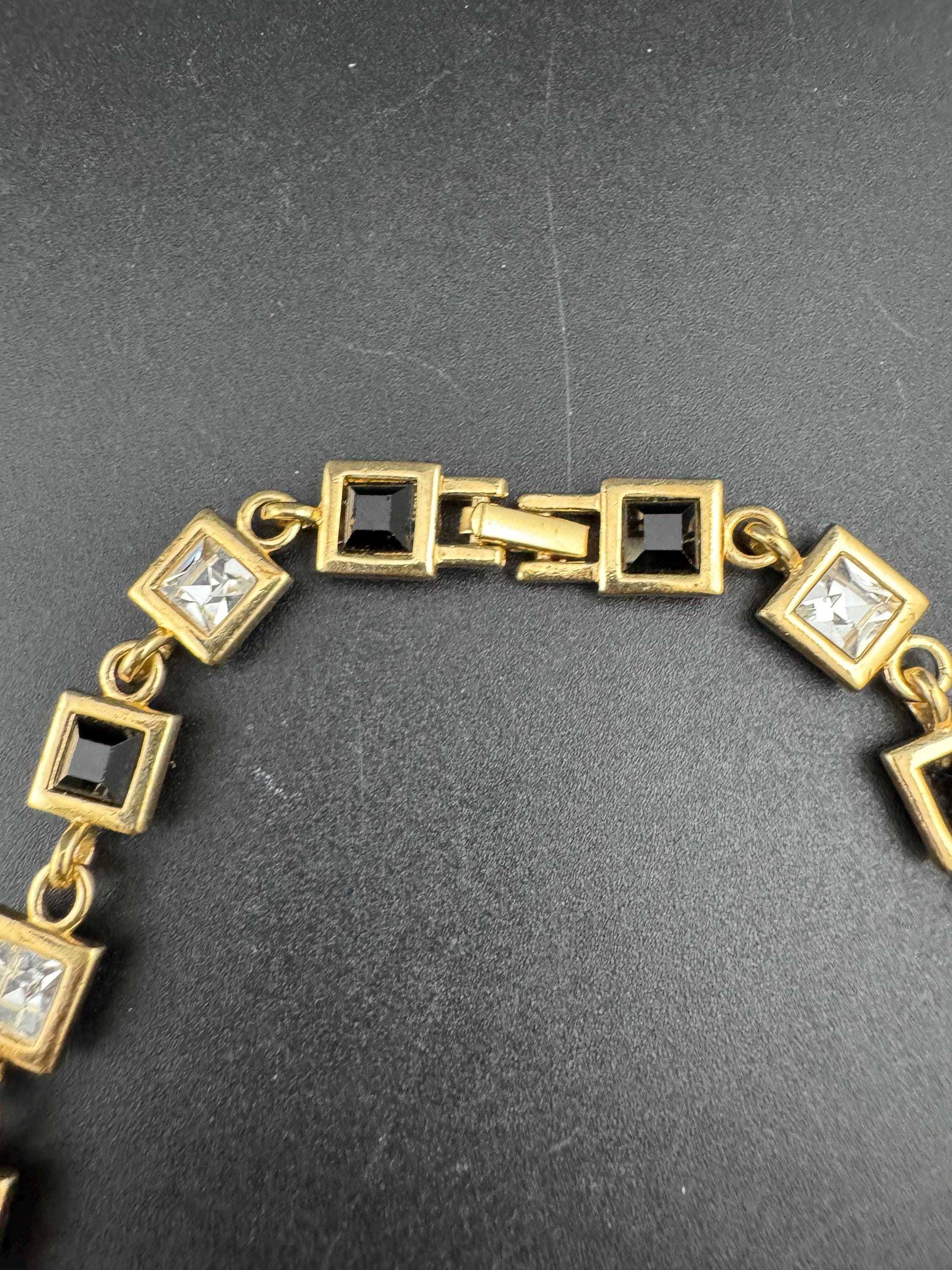 Signed square clear and black diamanté crystal collar necklace 43cm, Matt gold tone
