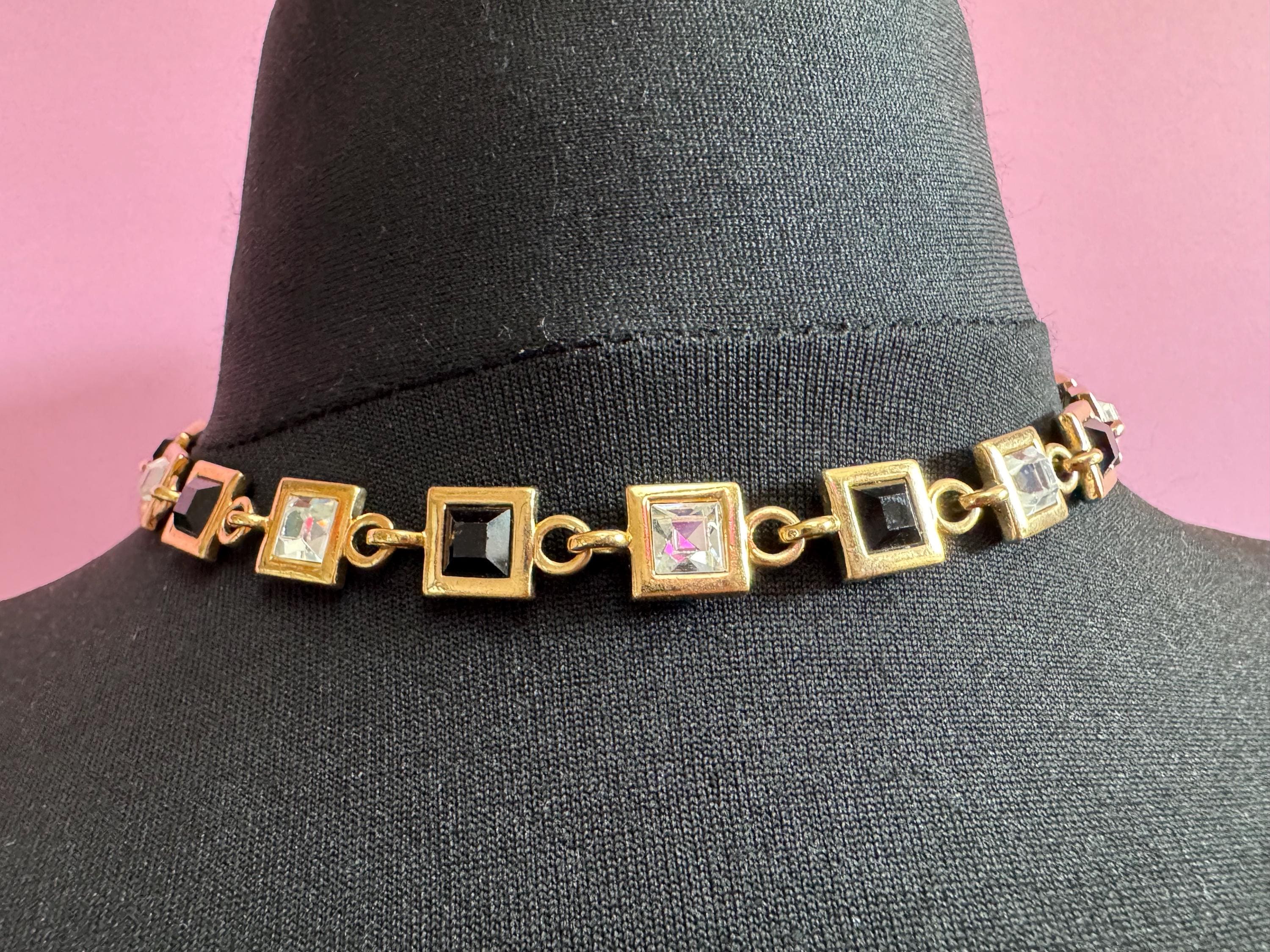 Signed square clear and black diamanté crystal collar necklace 43cm, Matt gold tone