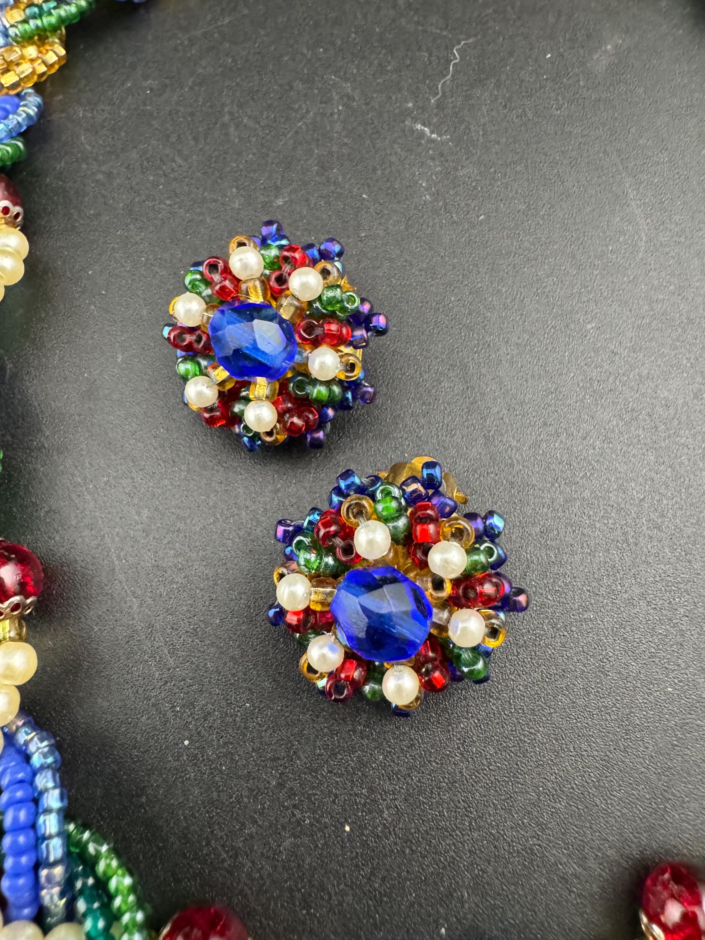 Vintage red blue green and gold seed bead twisted multi-strand necklace and matching clip on earrings, jewellery set