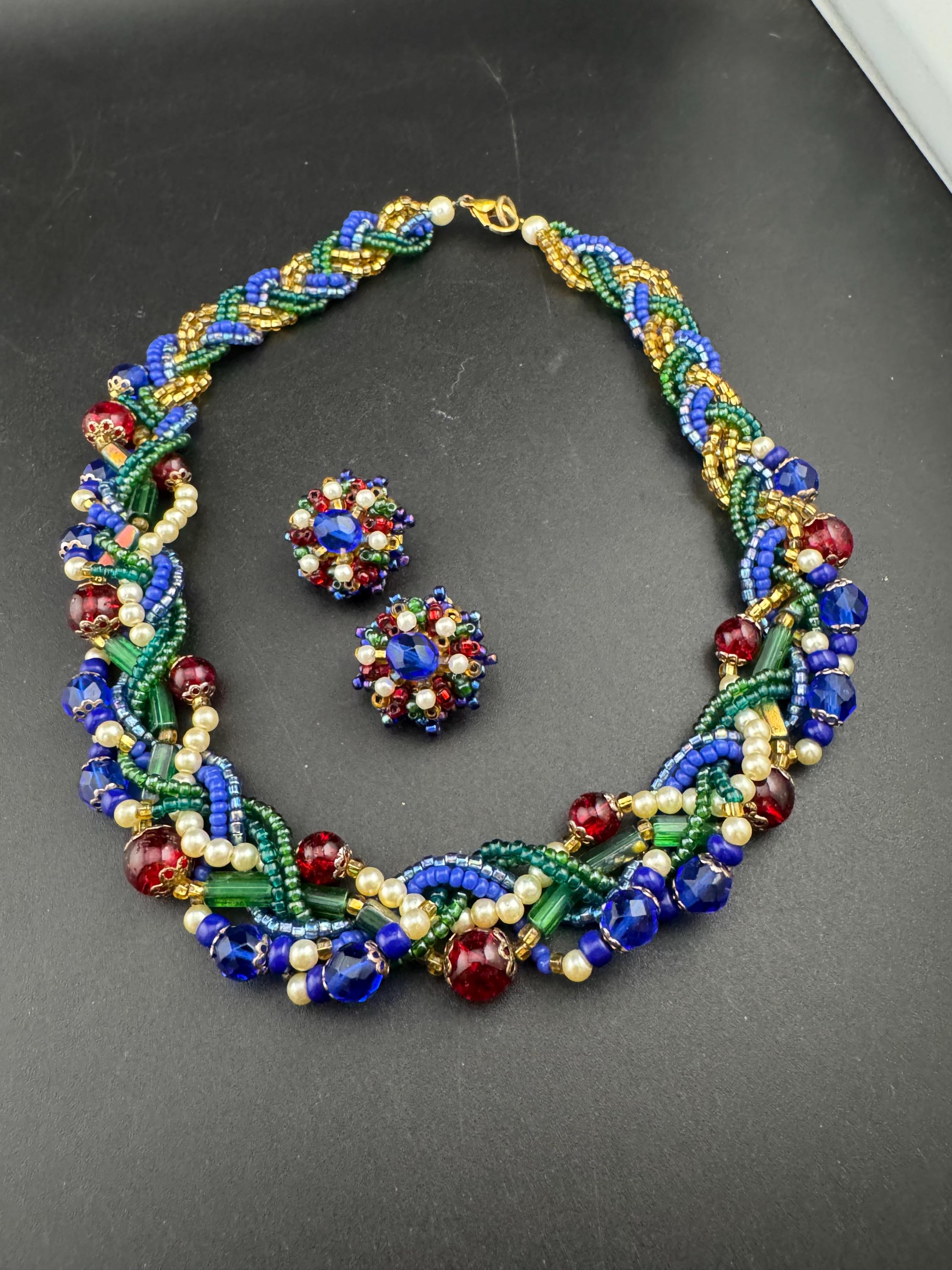 Vintage red blue green and gold seed bead twisted multi-strand necklace and matching clip on earrings, jewellery set
