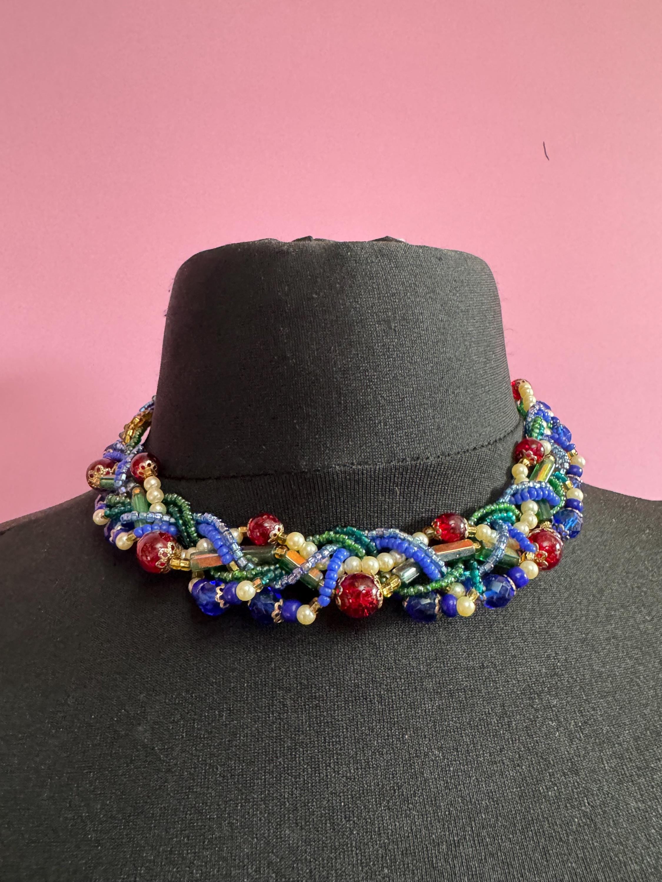 Vintage red blue green and gold seed bead twisted multi-strand necklace and matching clip on earrings, jewellery set