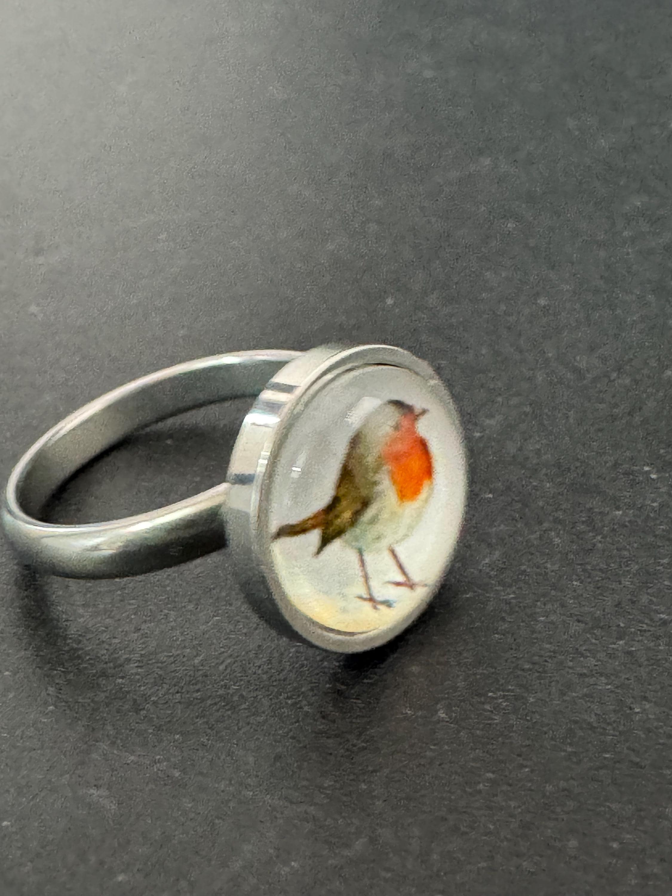 Handmade Garden bird Robin redbreast stainless steel adjustable ring 14mm glass cabochon