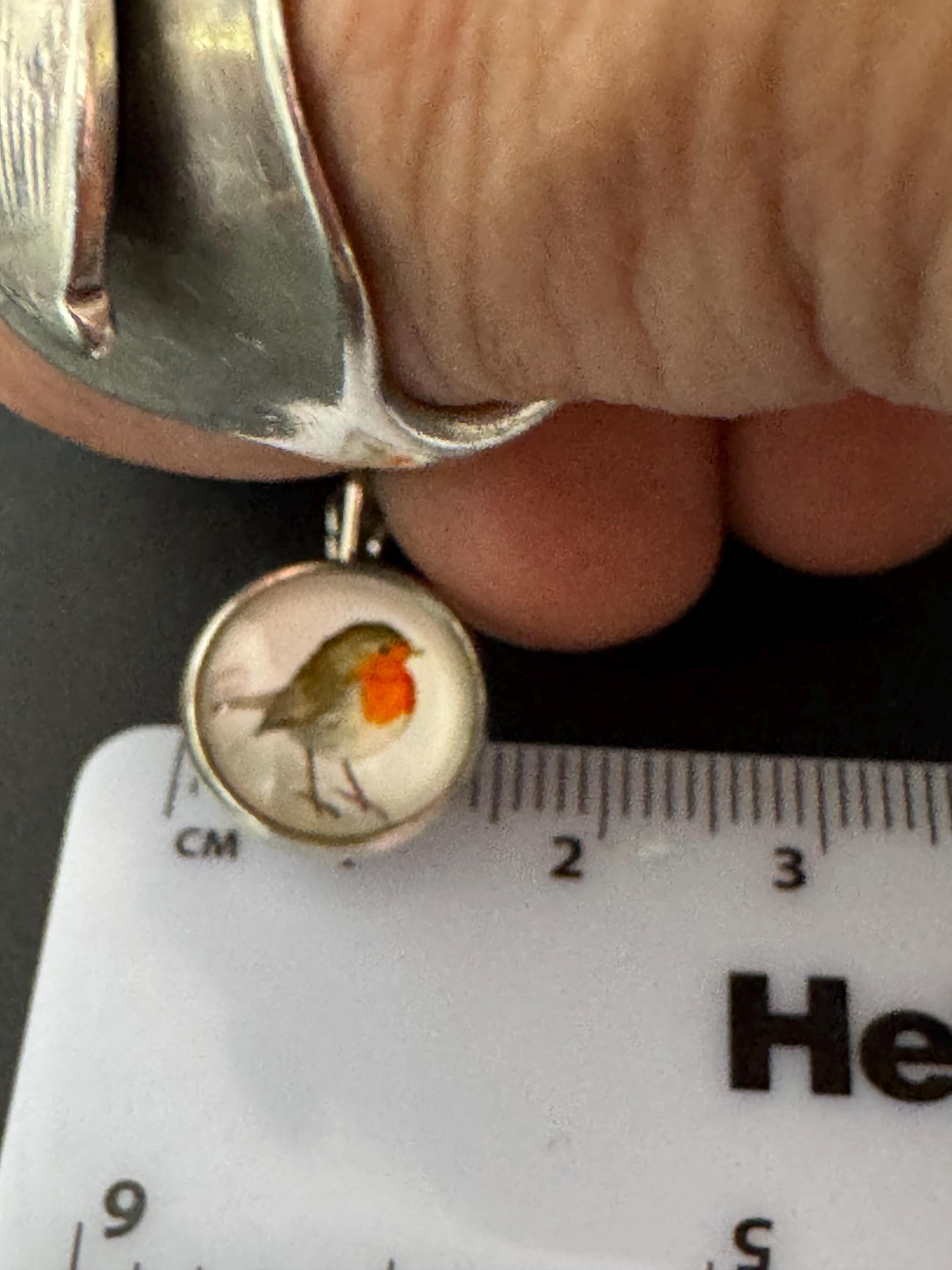 14mm Garden bird Robin redbreast dainty cabochon drop earrings, silver plated lever back