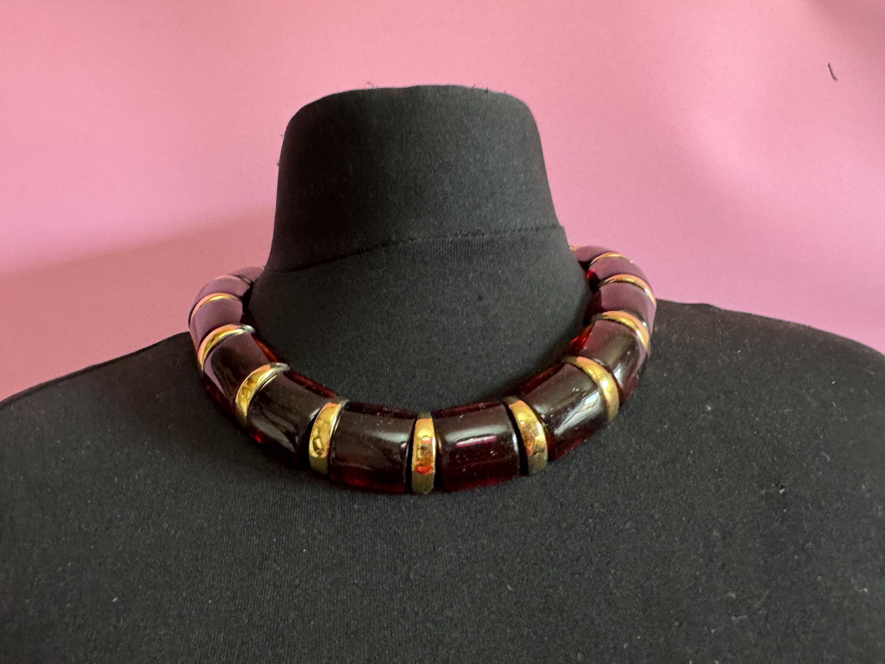 Signed 80s NAPIER Chunky Beaded Choker: Gold Tone, Amber Acrylic