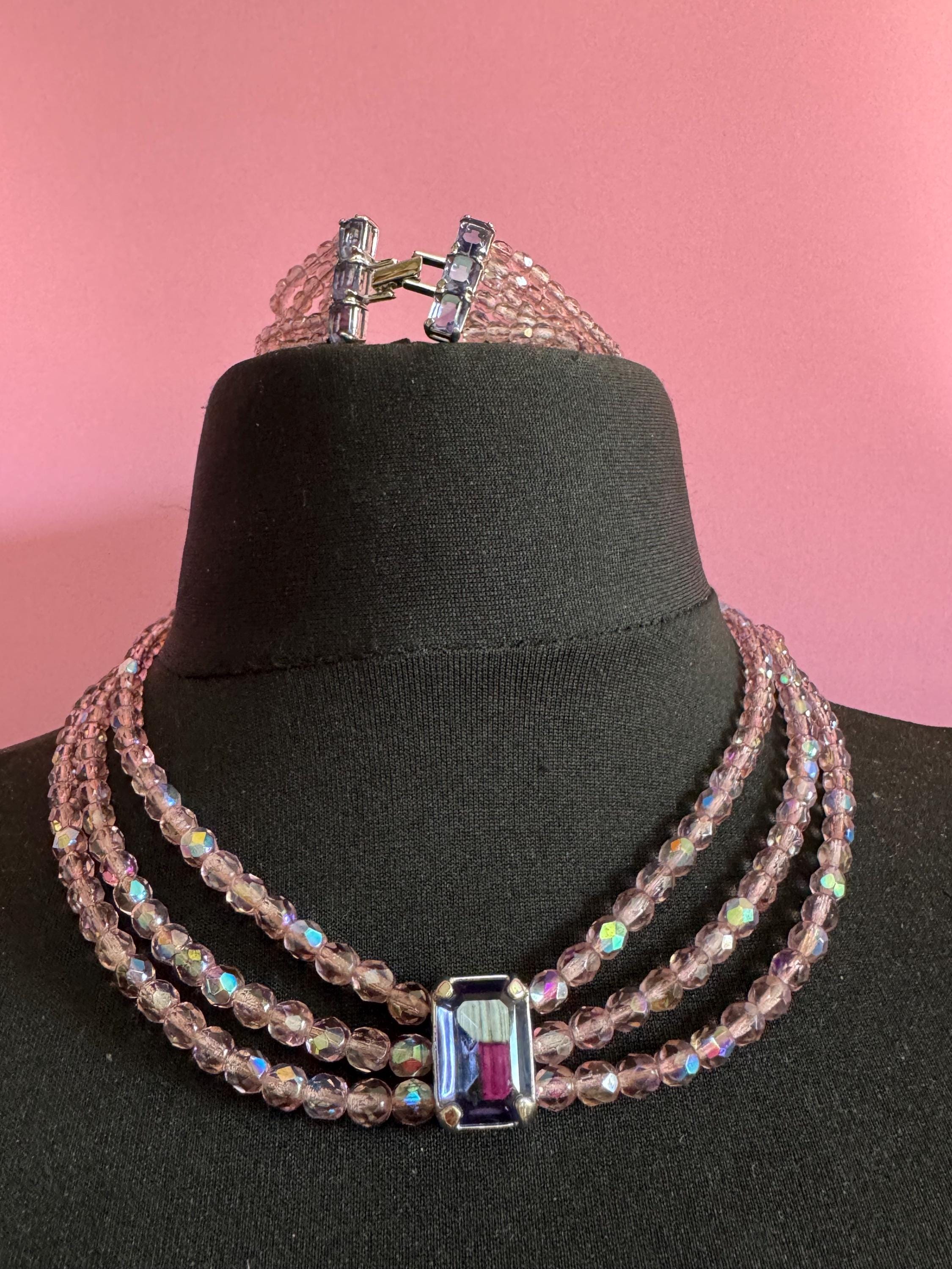 Signed Monet Pink Crystal Necklace Bracelet Set: Aurora Borealis Zircon