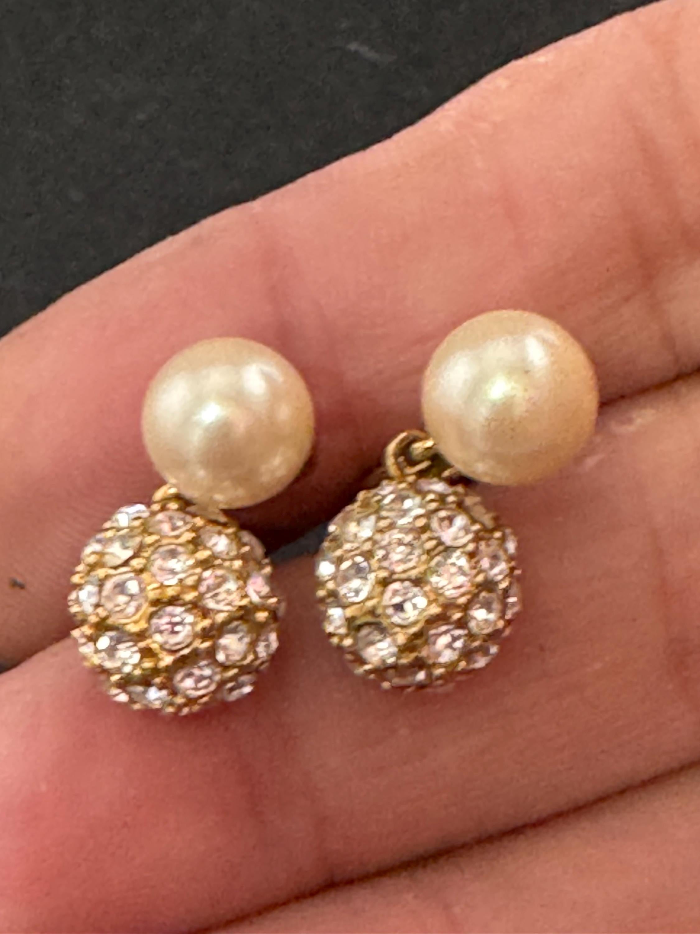 Vintage Monet Gold Plated Faux Pearl Diamanté Clip On Earrings signed