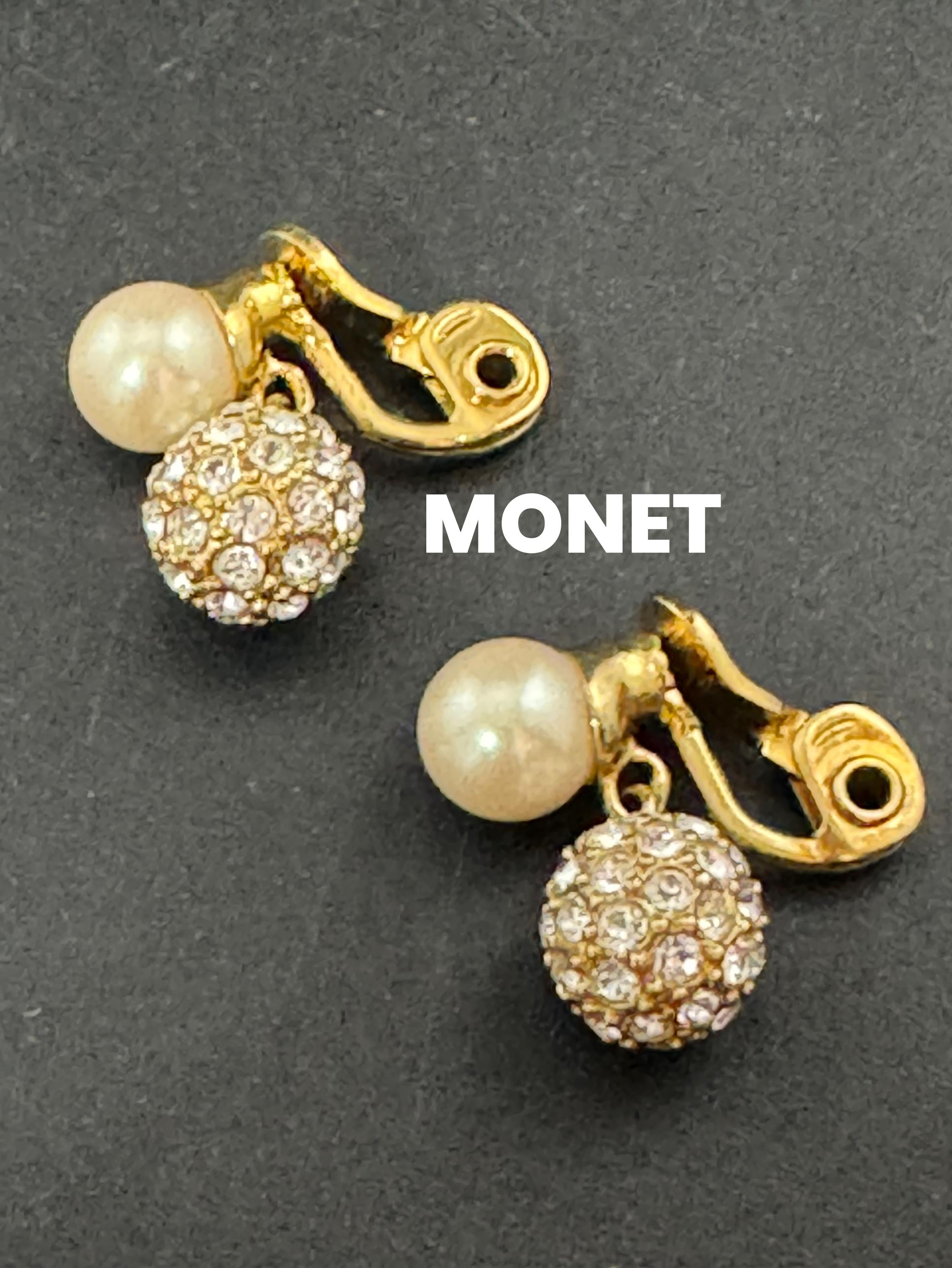 Vintage Monet Gold Plated Faux Pearl Diamanté Clip On Earrings signed