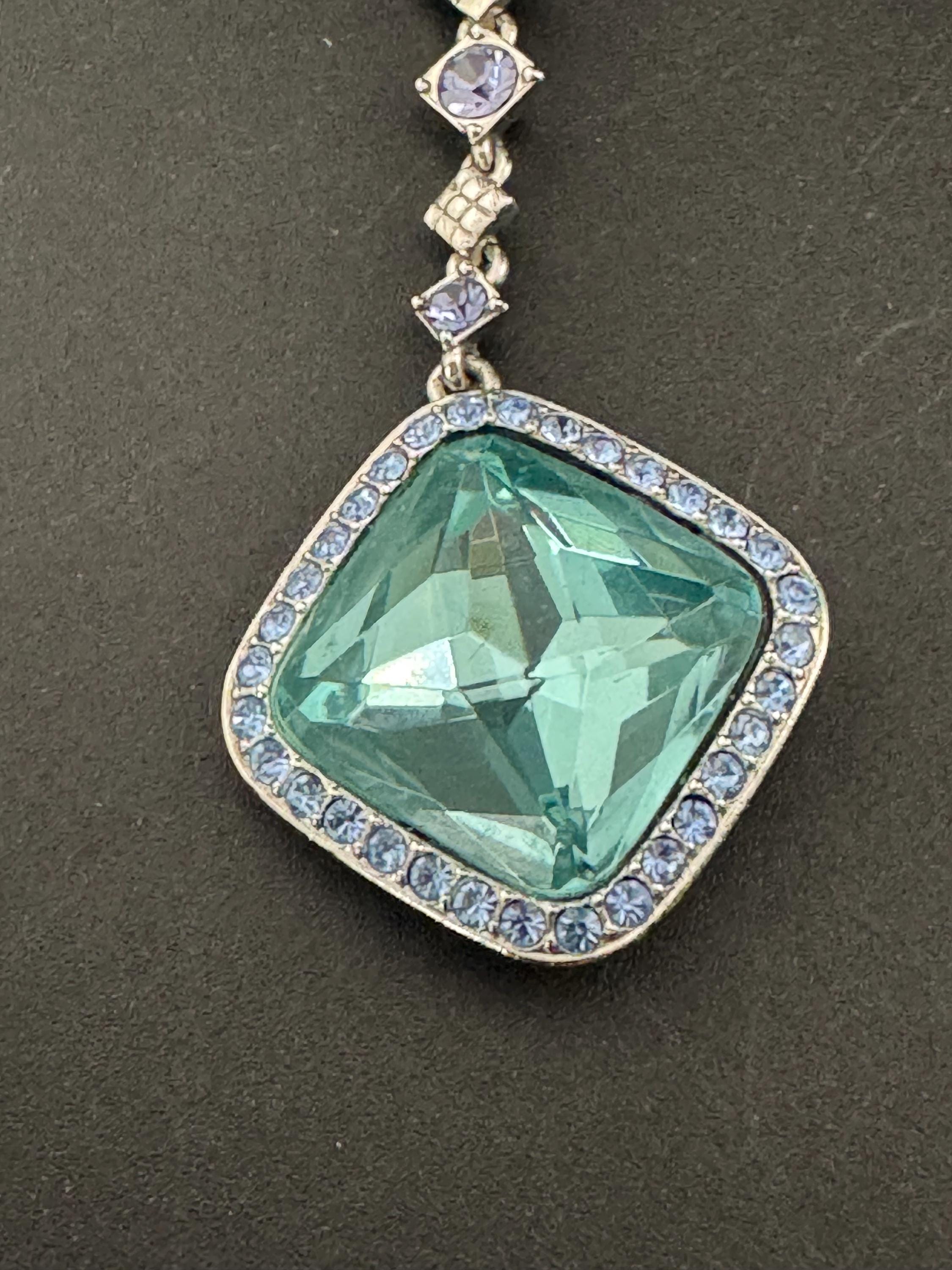 Vintage MONET Aquamarine Crystal Necklace: Silver Plated Rhinestone Drop, signed