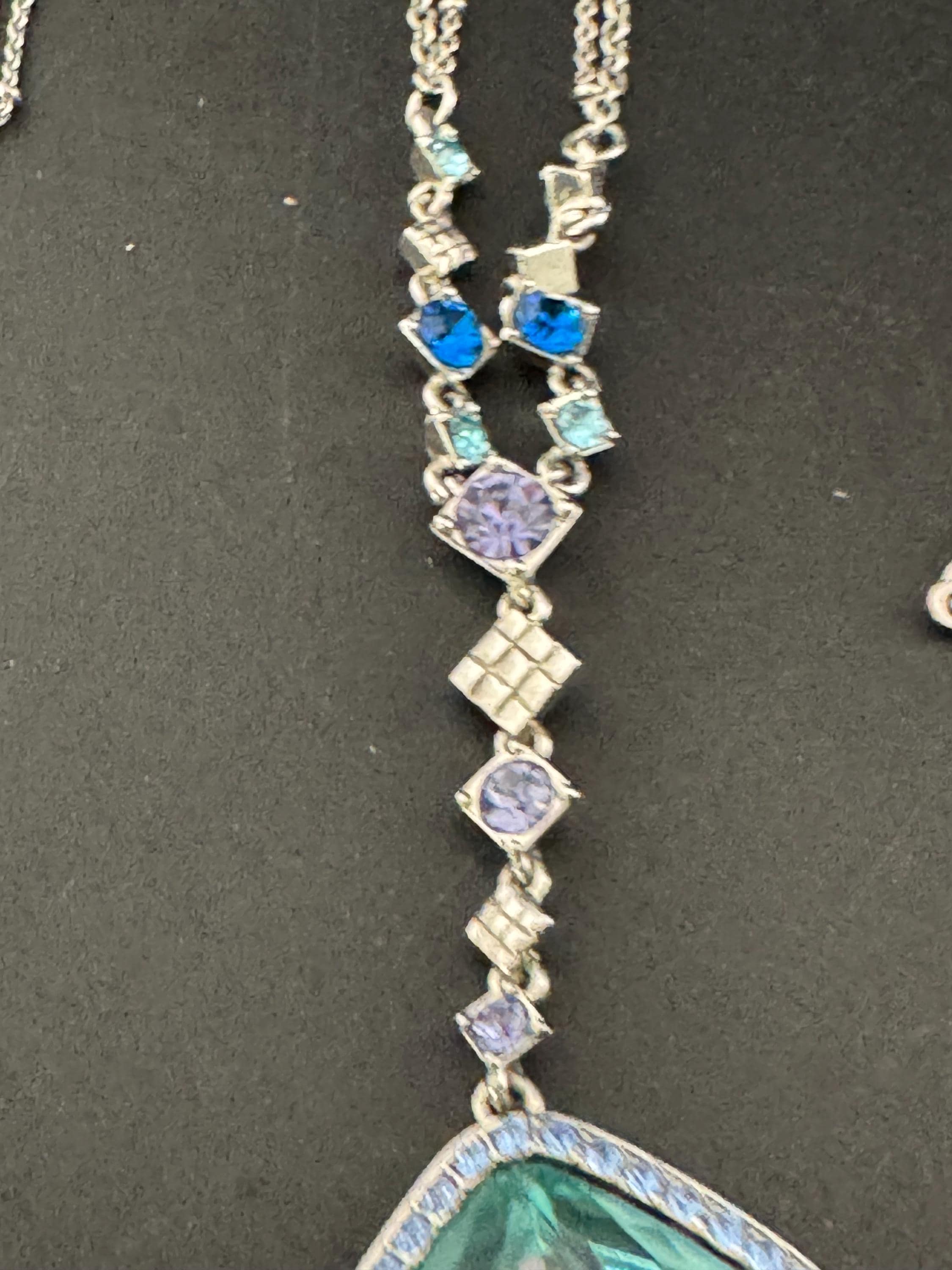Vintage MONET Aquamarine Crystal Necklace: Silver Plated Rhinestone Drop, signed
