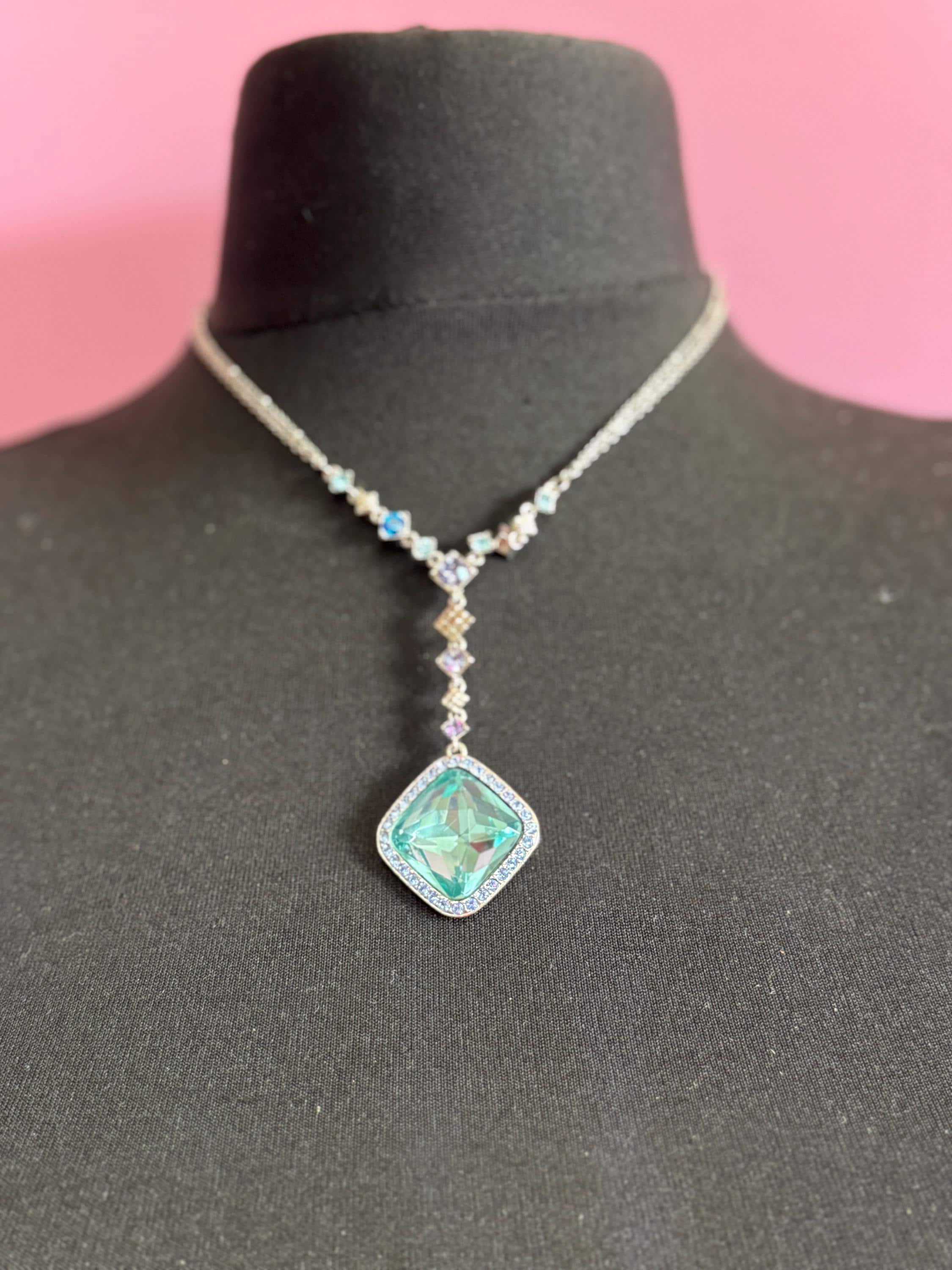 Vintage MONET Aquamarine Crystal Necklace: Silver Plated Rhinestone Drop, signed