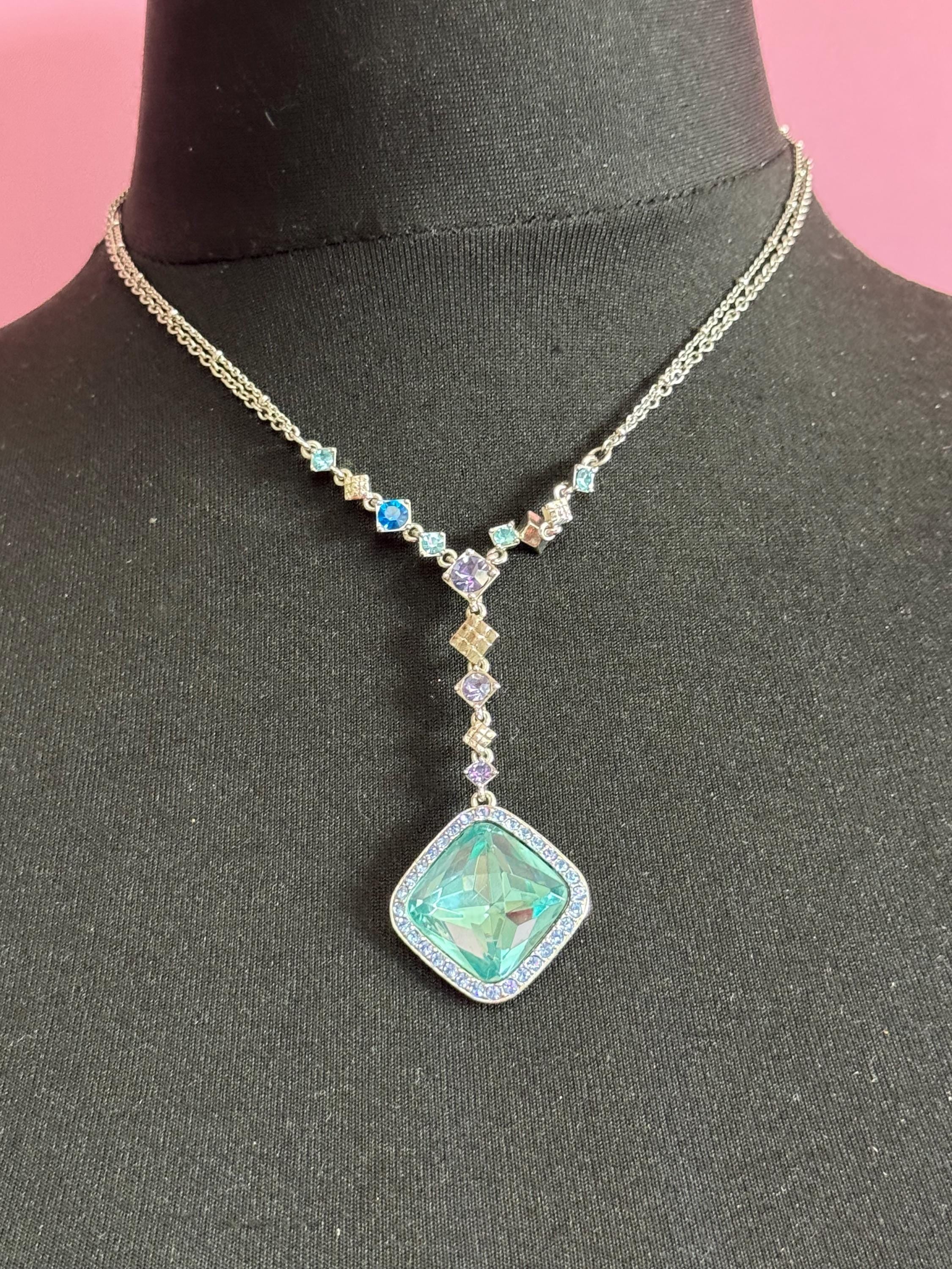 Vintage MONET Aquamarine Crystal Necklace: Silver Plated Rhinestone Drop, signed