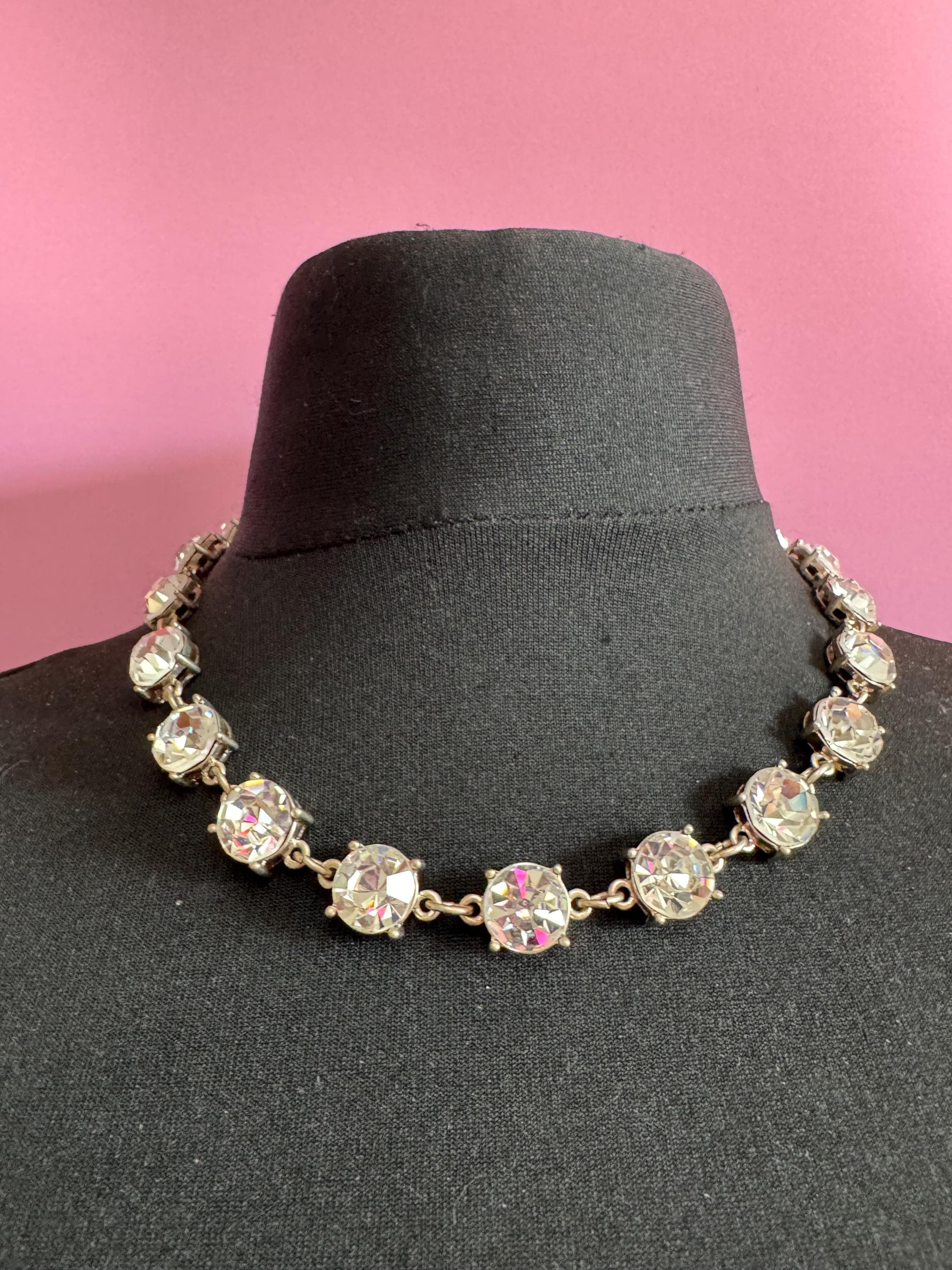 Vintage Signed MONET clear glass super sparkly 13mm bezel diamanté Crystal collar necklace , silver plated