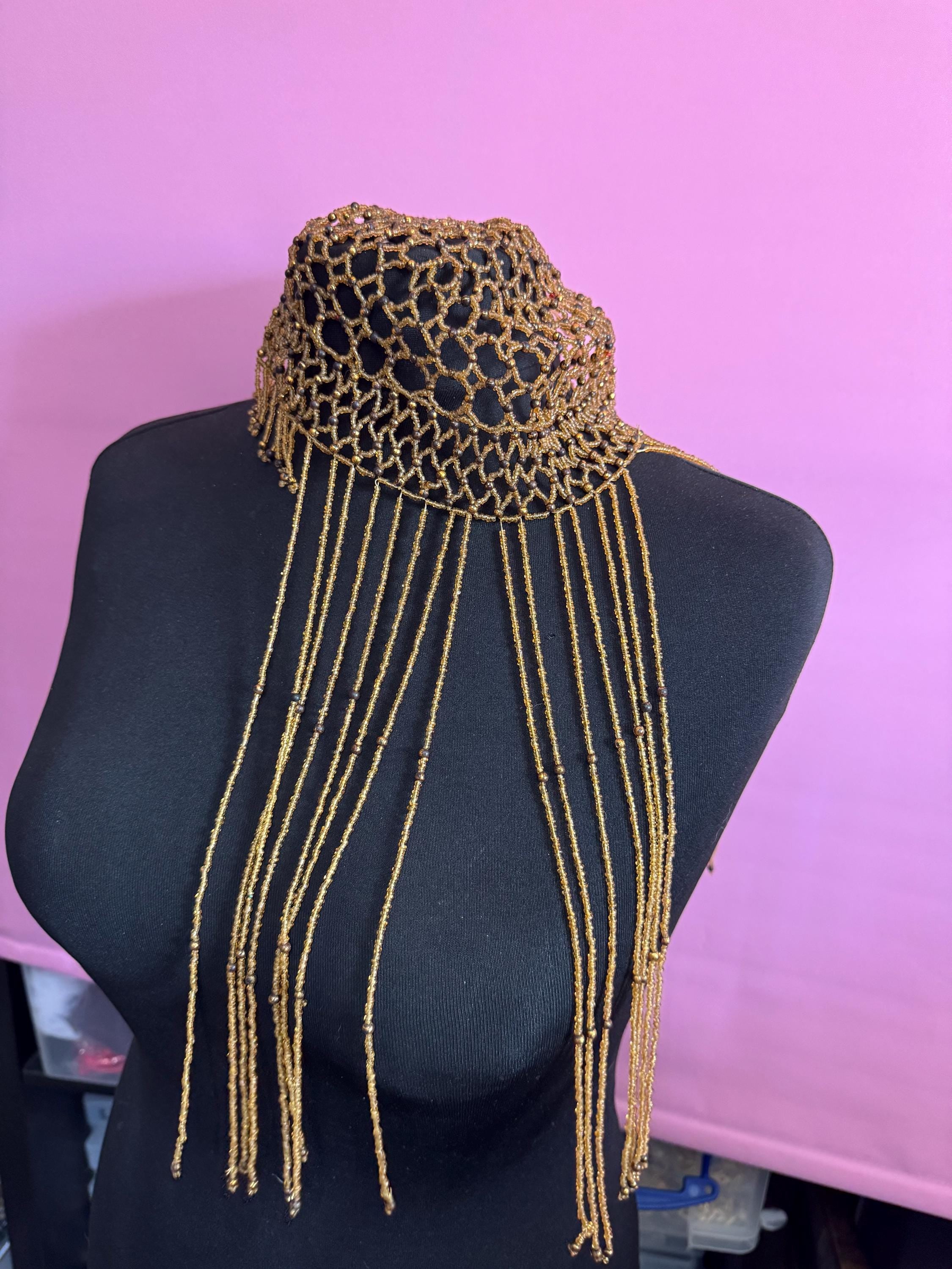 Quirky bronze brown glass seed beaded art deco style head piece bead cloche headress