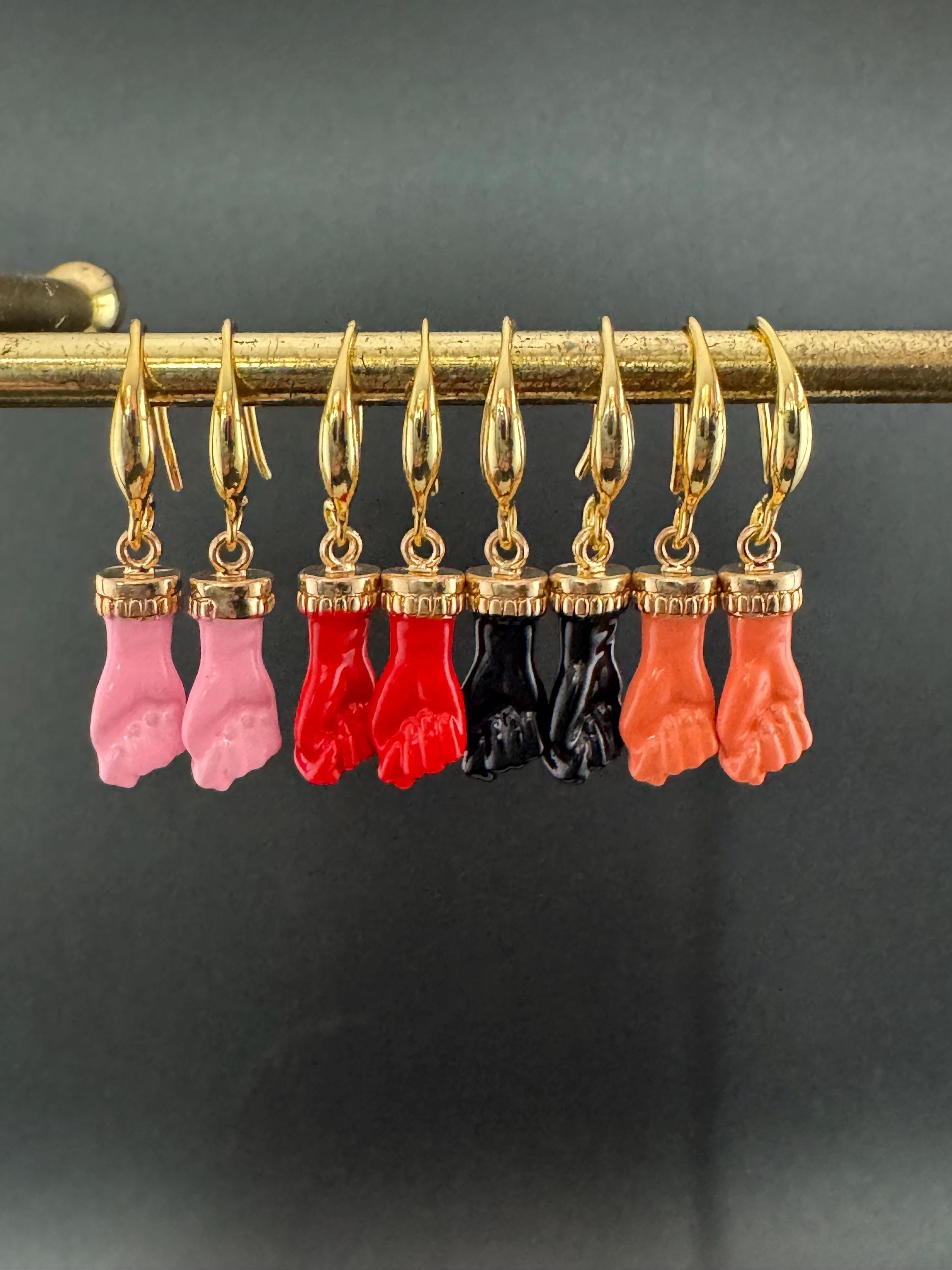 18k gold plated red, black, pink and coral enamel figa hand fist dangly drop earrings , GP earwires , Victorian style