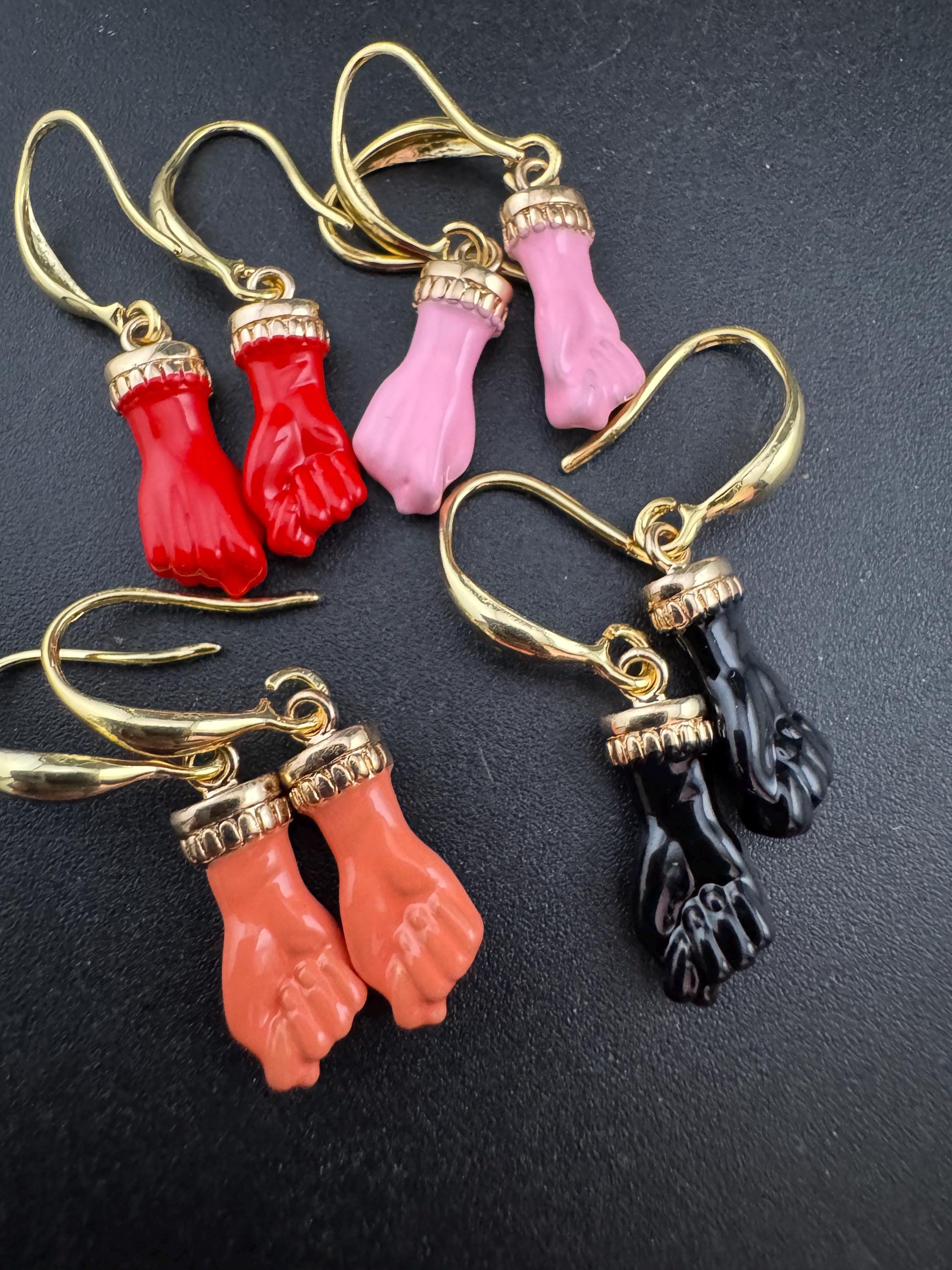 18k gold plated red, black, pink and coral enamel figa hand fist dangly drop earrings , GP earwires , Victorian style