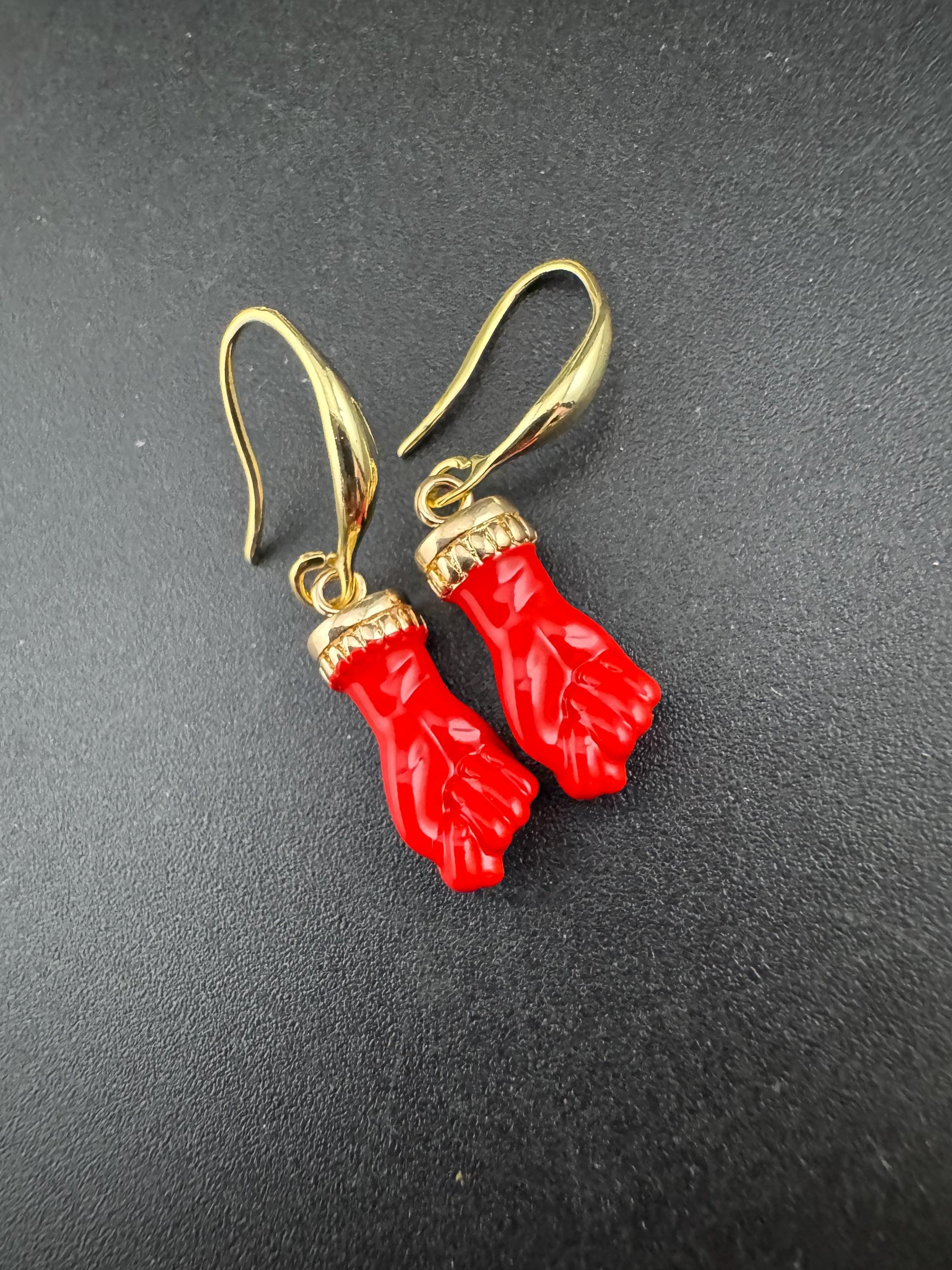 18k gold plated red, black, pink and coral enamel figa hand fist dangly drop earrings , GP earwires , Victorian style