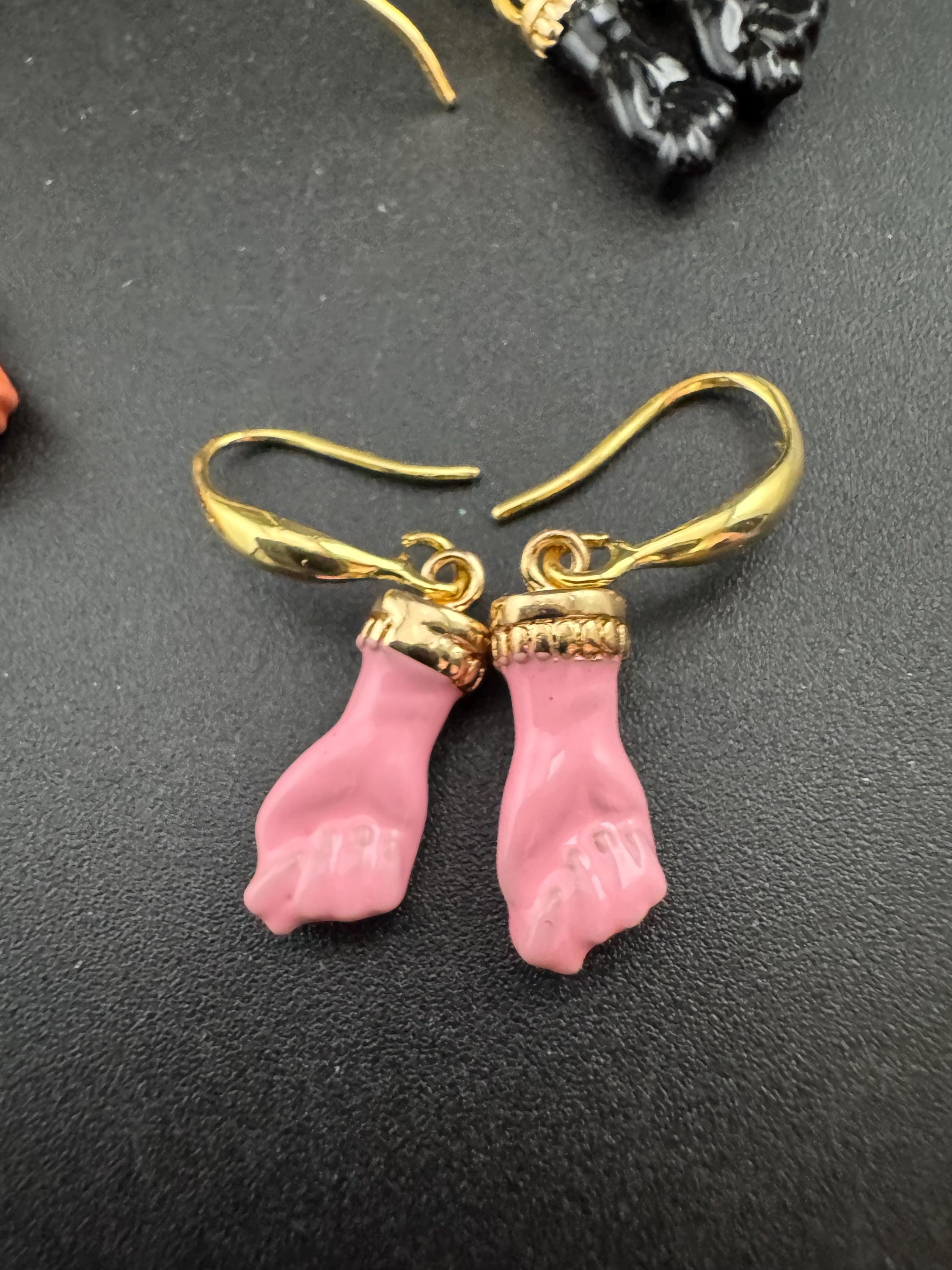 18k gold plated red, black, pink and coral enamel figa hand fist dangly drop earrings , GP earwires , Victorian style
