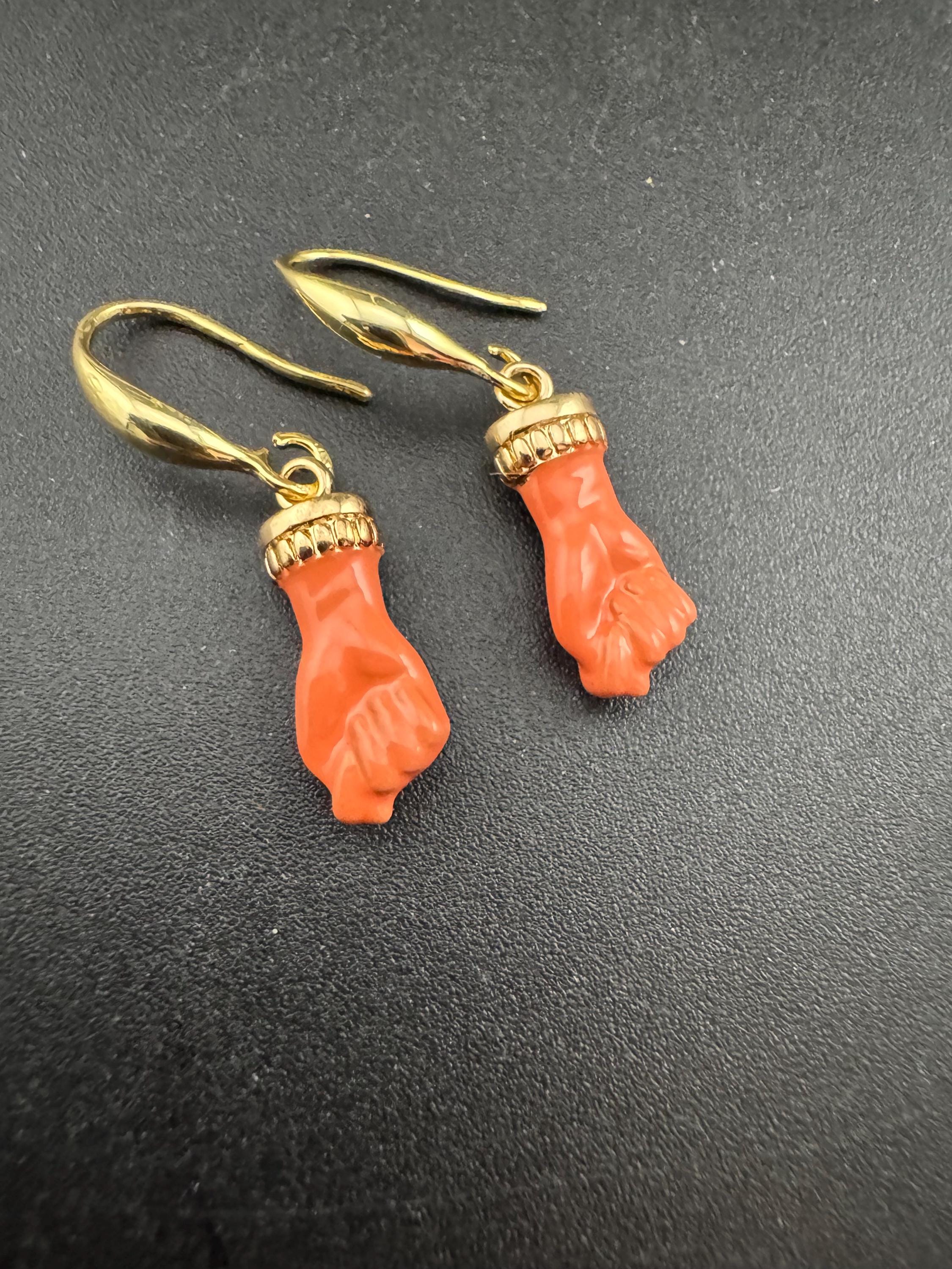 18k gold plated red, black, pink and coral enamel figa hand fist dangly drop earrings , GP earwires , Victorian style