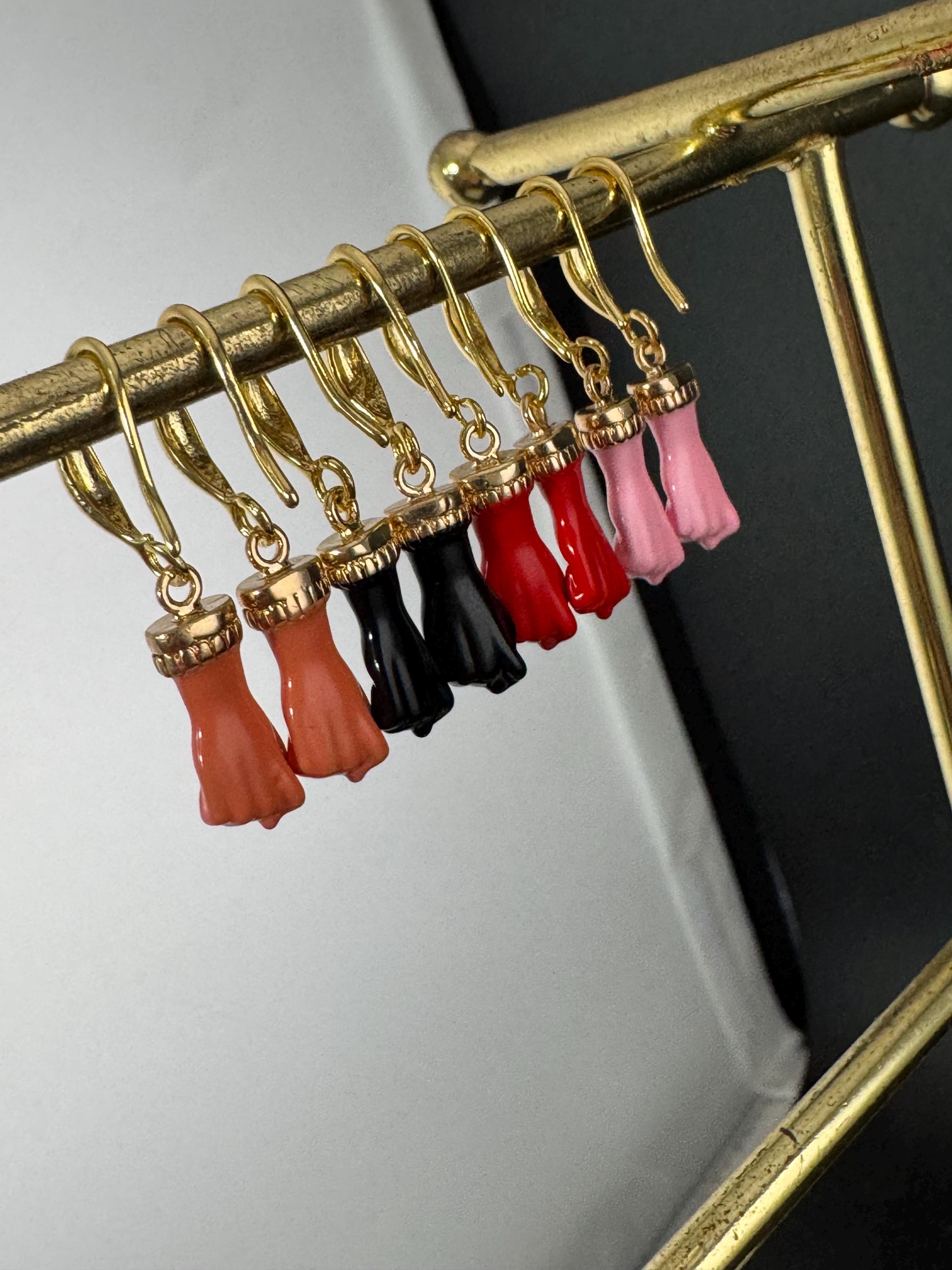 18k gold plated red, black, pink and coral enamel figa hand fist dangly drop earrings , GP earwires , Victorian style