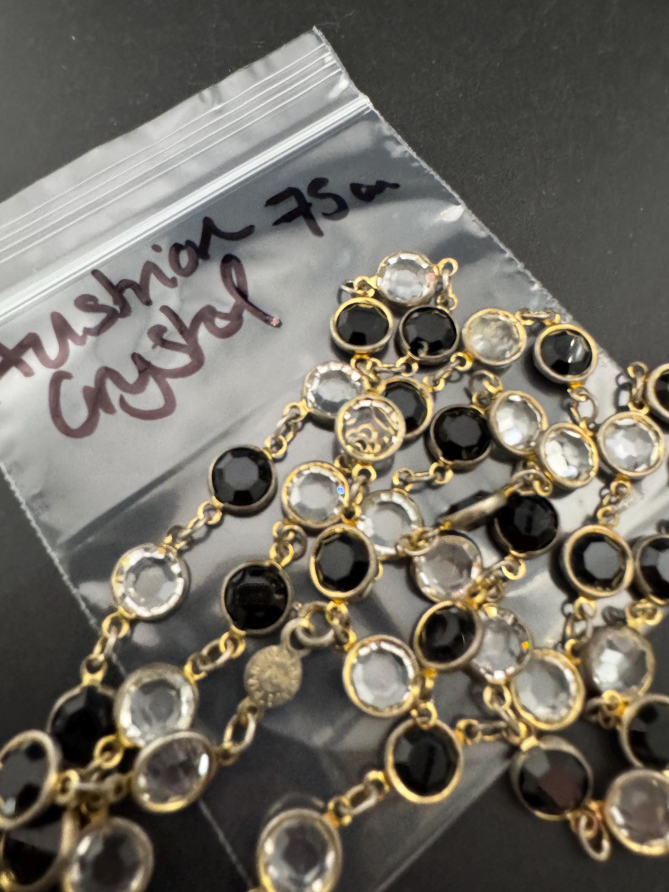 Austrian crystal signed Rivière bezel set black clear glass faceted glass vintage gold tone chain necklace 75cm long length