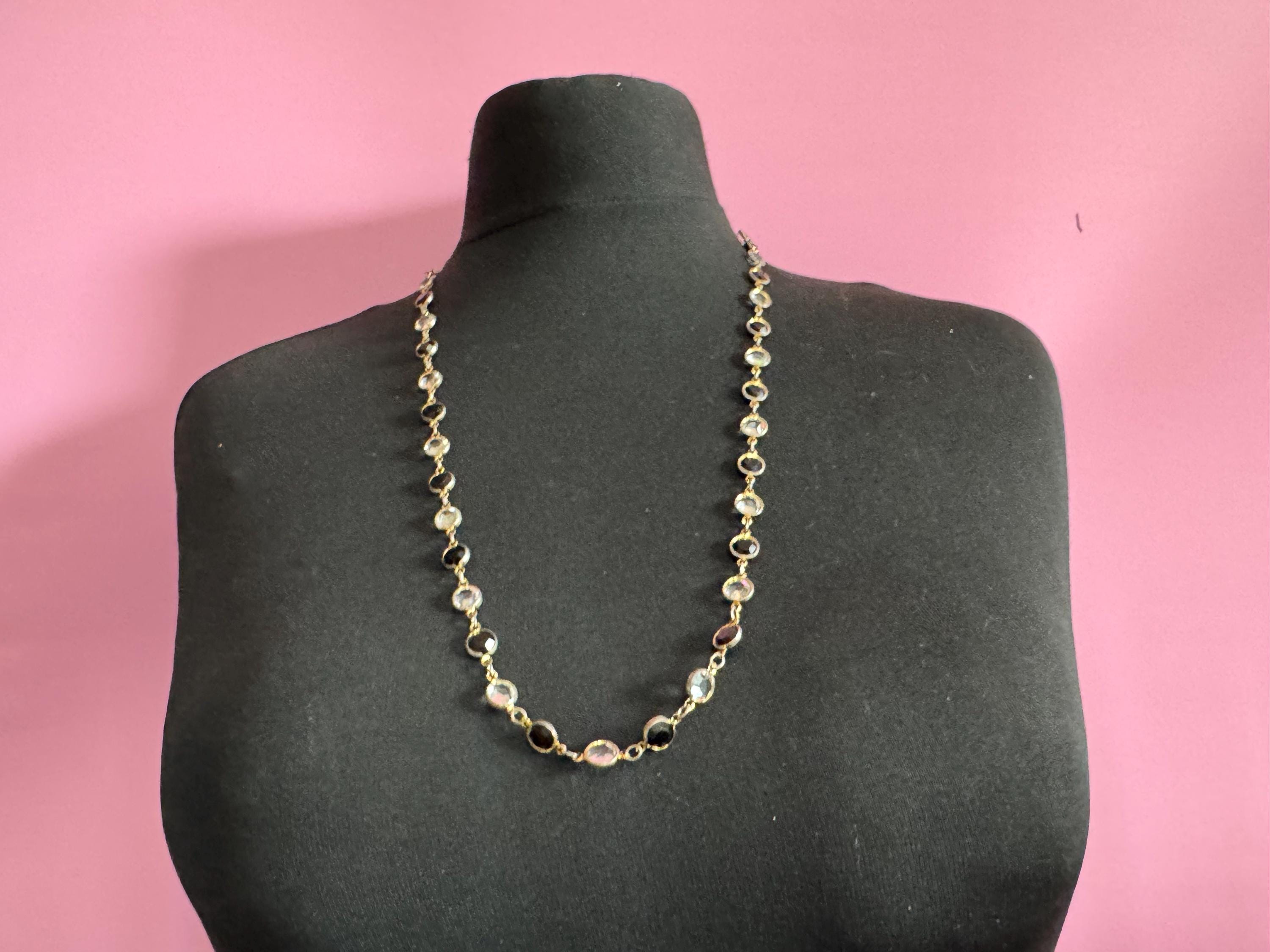 Austrian crystal signed Rivière bezel set black clear glass faceted glass vintage gold tone chain necklace 75cm long length