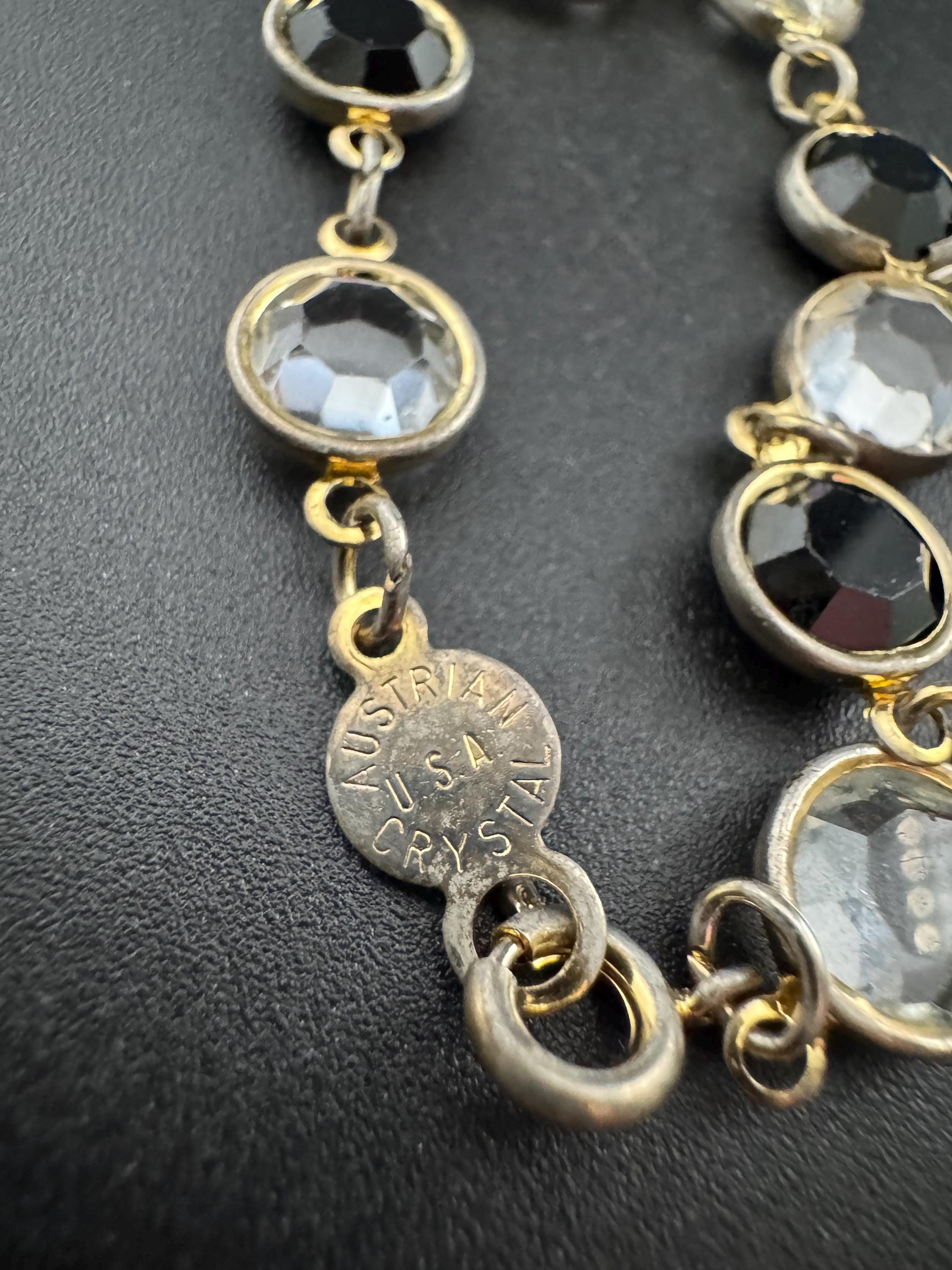 Austrian crystal signed Rivière bezel set black clear glass faceted glass vintage gold tone chain necklace 75cm long length