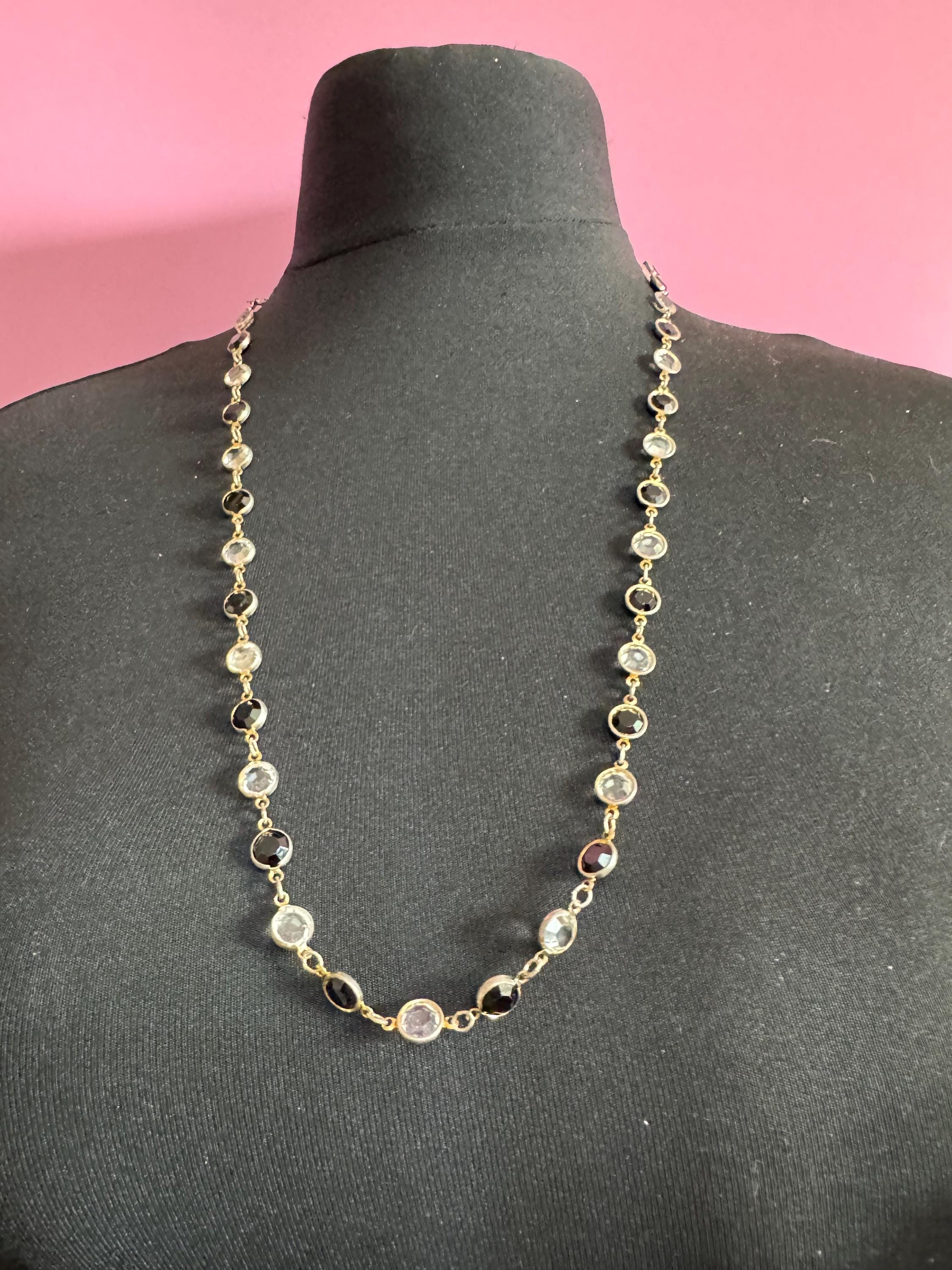 Austrian crystal signed Rivière bezel set black clear glass faceted glass vintage gold tone chain necklace 75cm long length