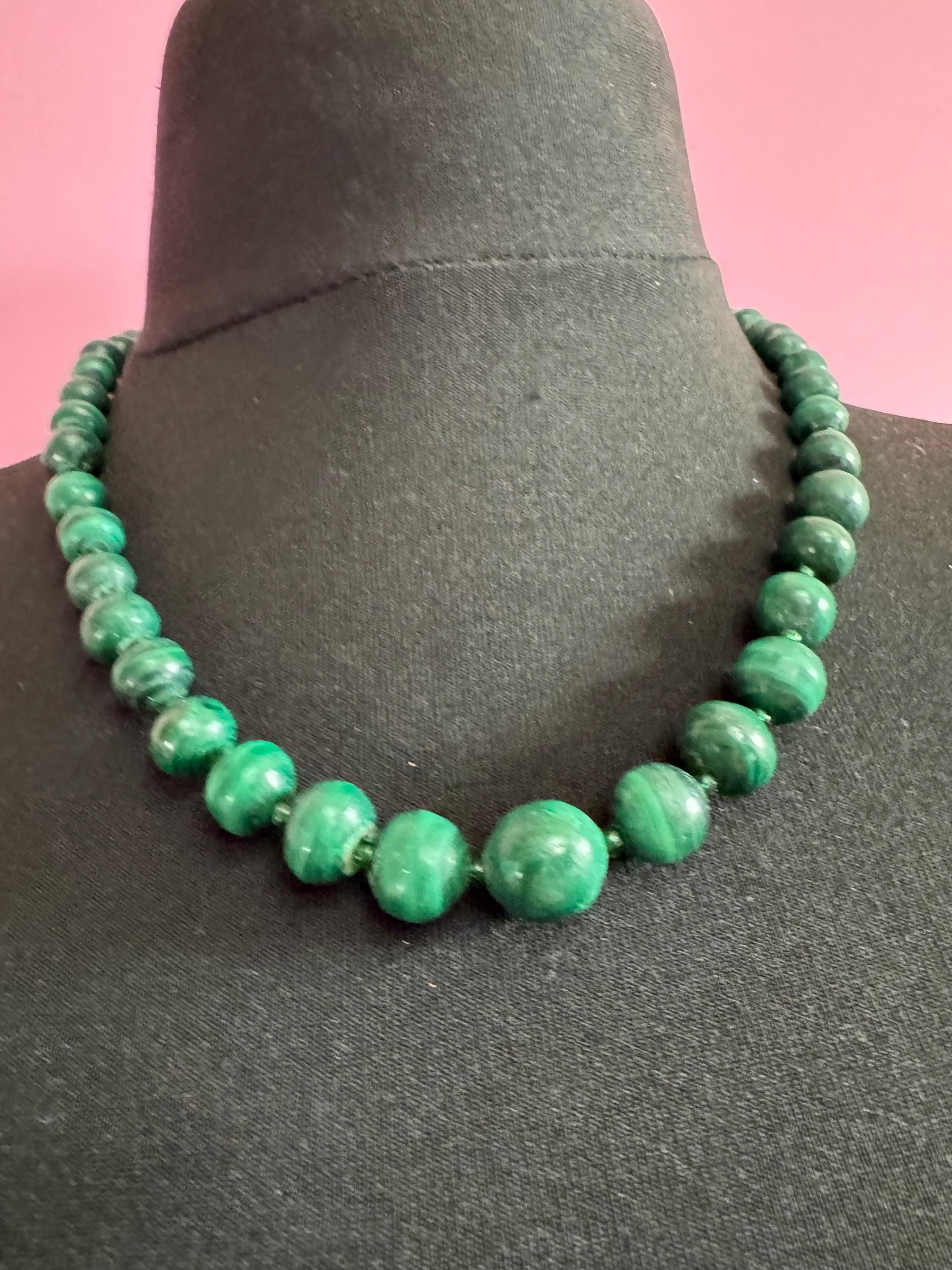Vintage Green Malachite long Beaded Necklace natural gemstone beads 52cm