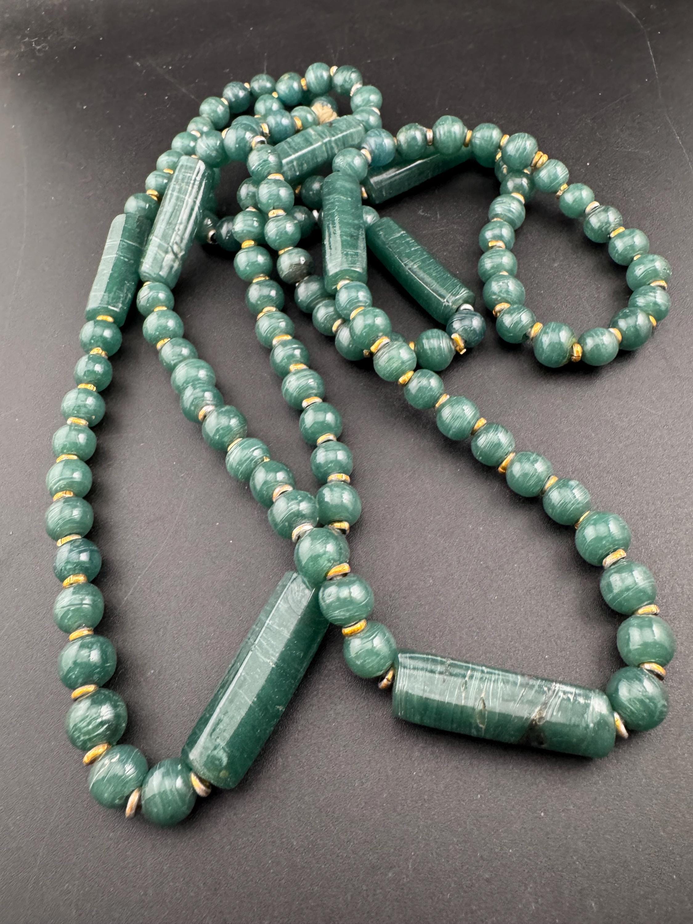 Vintage Green Jade agate very long Beaded necklace, natural gemstone beads, untested 150cm
