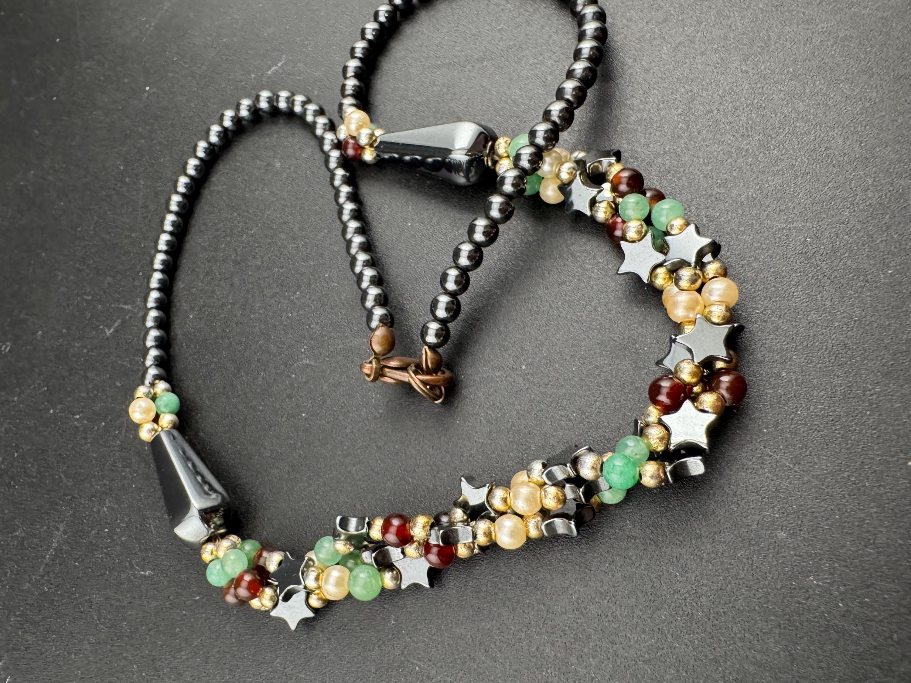 vintage mixed gemstone beaded necklace with Hematite garnet and adventurine green beads