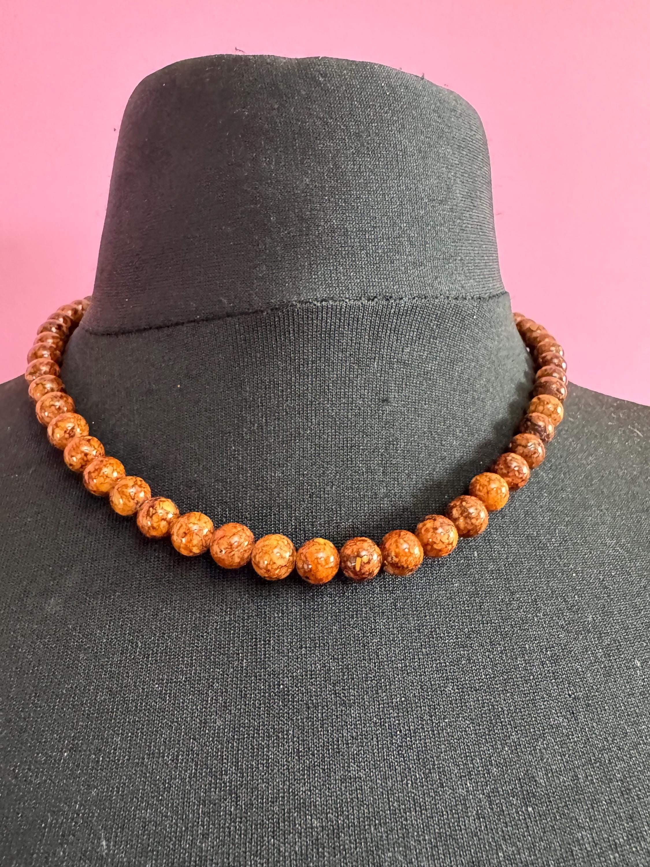 Vintage brown Beaded collar Necklace natural gemstone agate beads 47cm