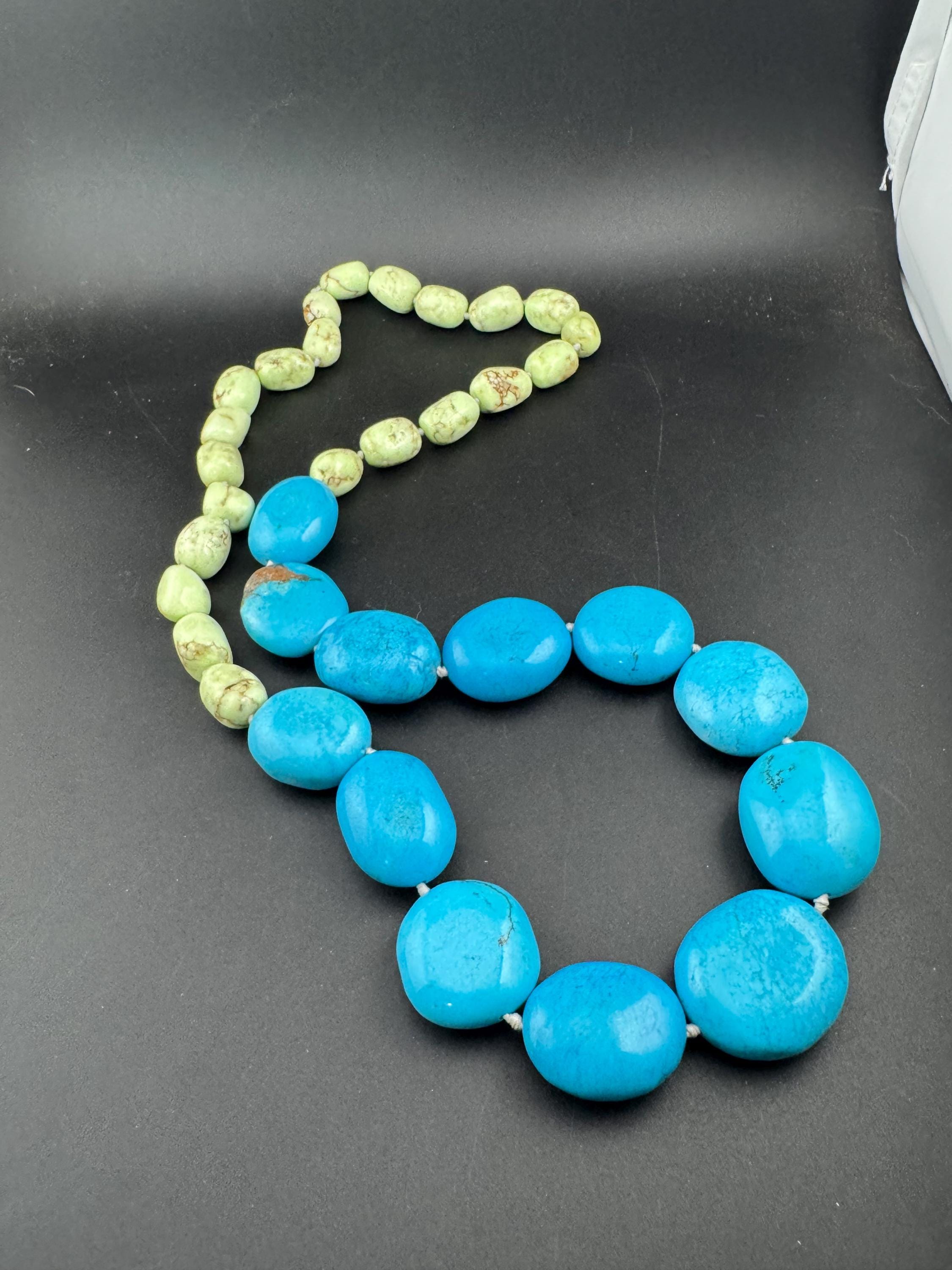 Vintage oversized old turquoise agate gemstone beaded long necklace, blue and green