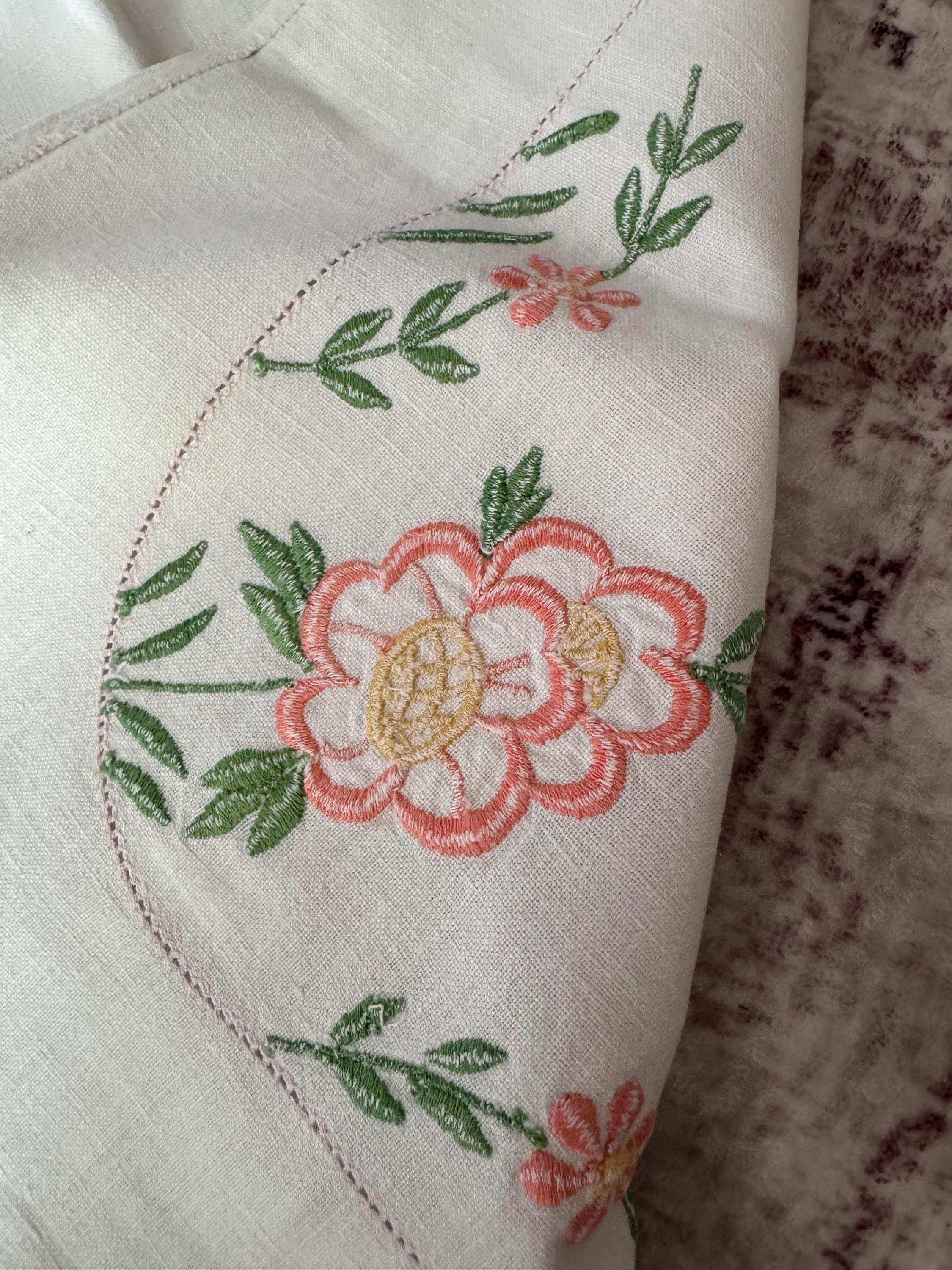 vintage 85cm square embroidered tablecloth , mid century tablecloths with orange green embroidery