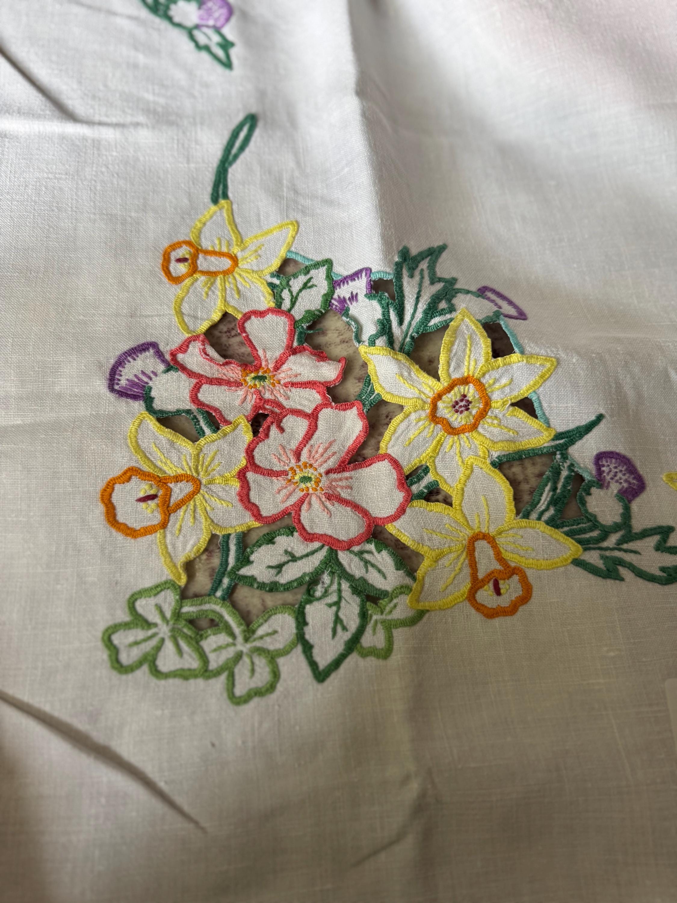 Vintage Embroidered Floral Tablecloth: Mid-Century UK Embroidery