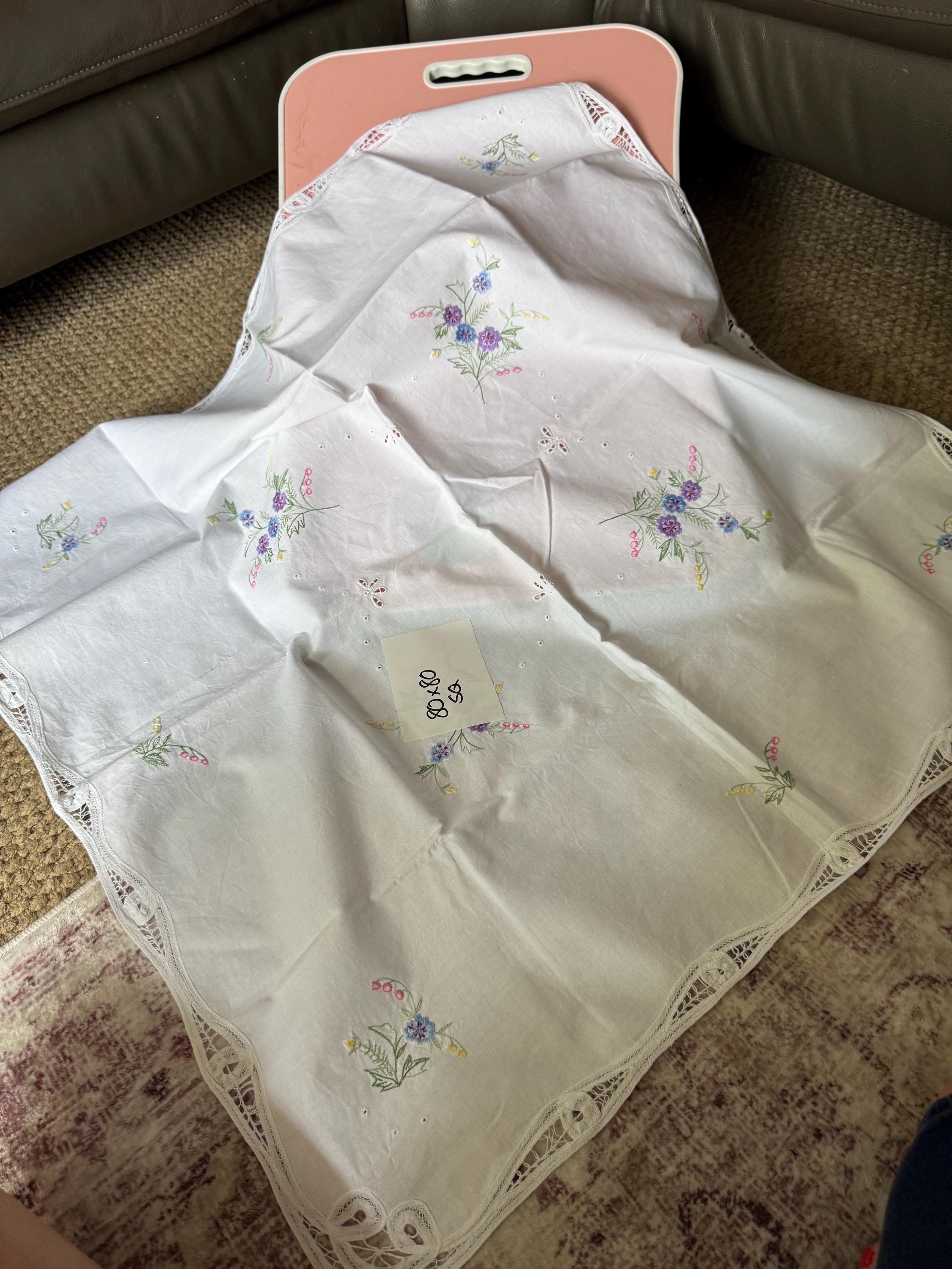 vintage 80cm square floral embroidered tablecloth , mid century tablecloths with purple blue green embroidery