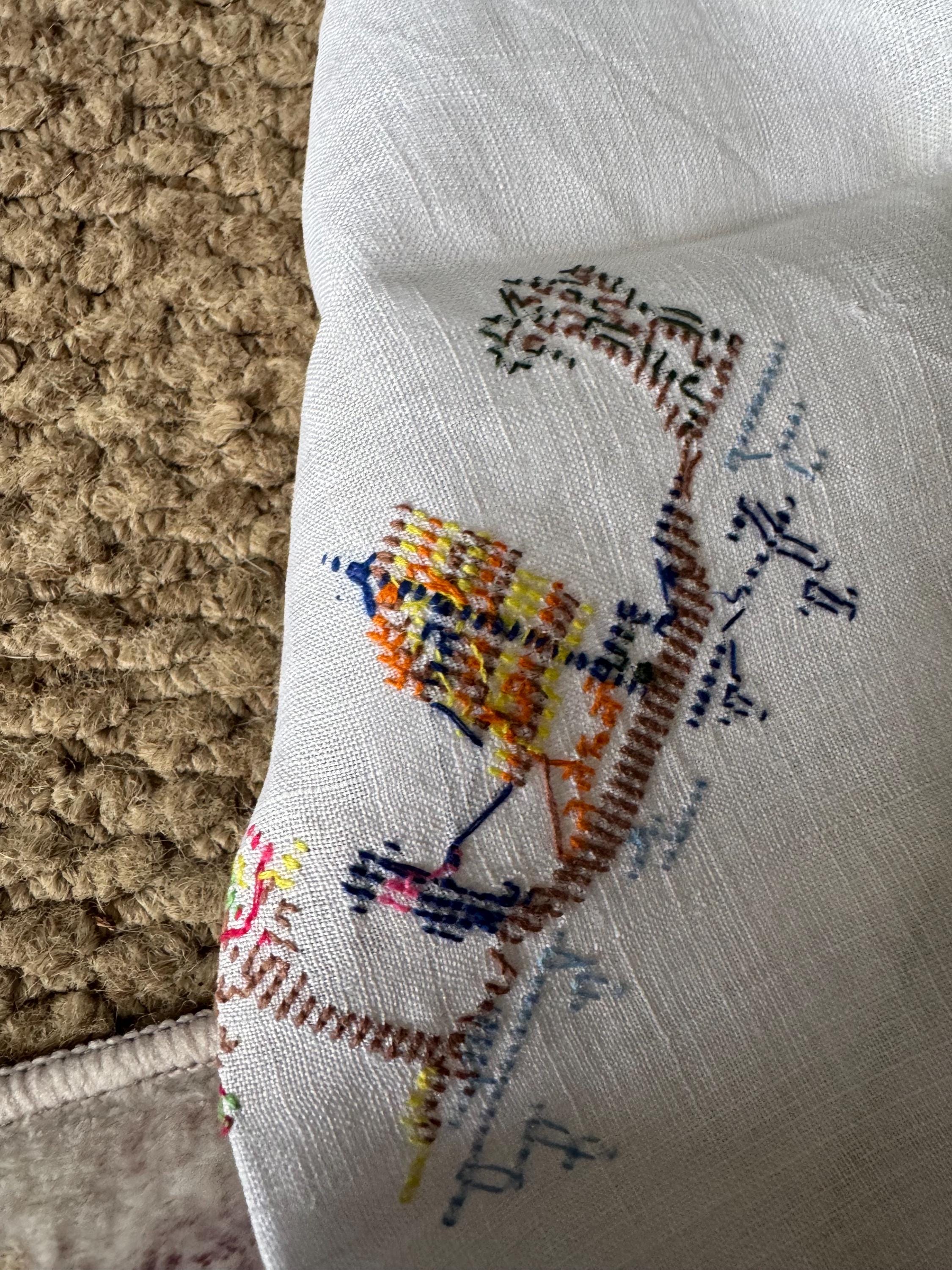 XL 117cm x 117cm square Chinese cross stitch pagoda embroidered pretty white cotton large tablecloth chateau cottage Art Deco B&b oriental
