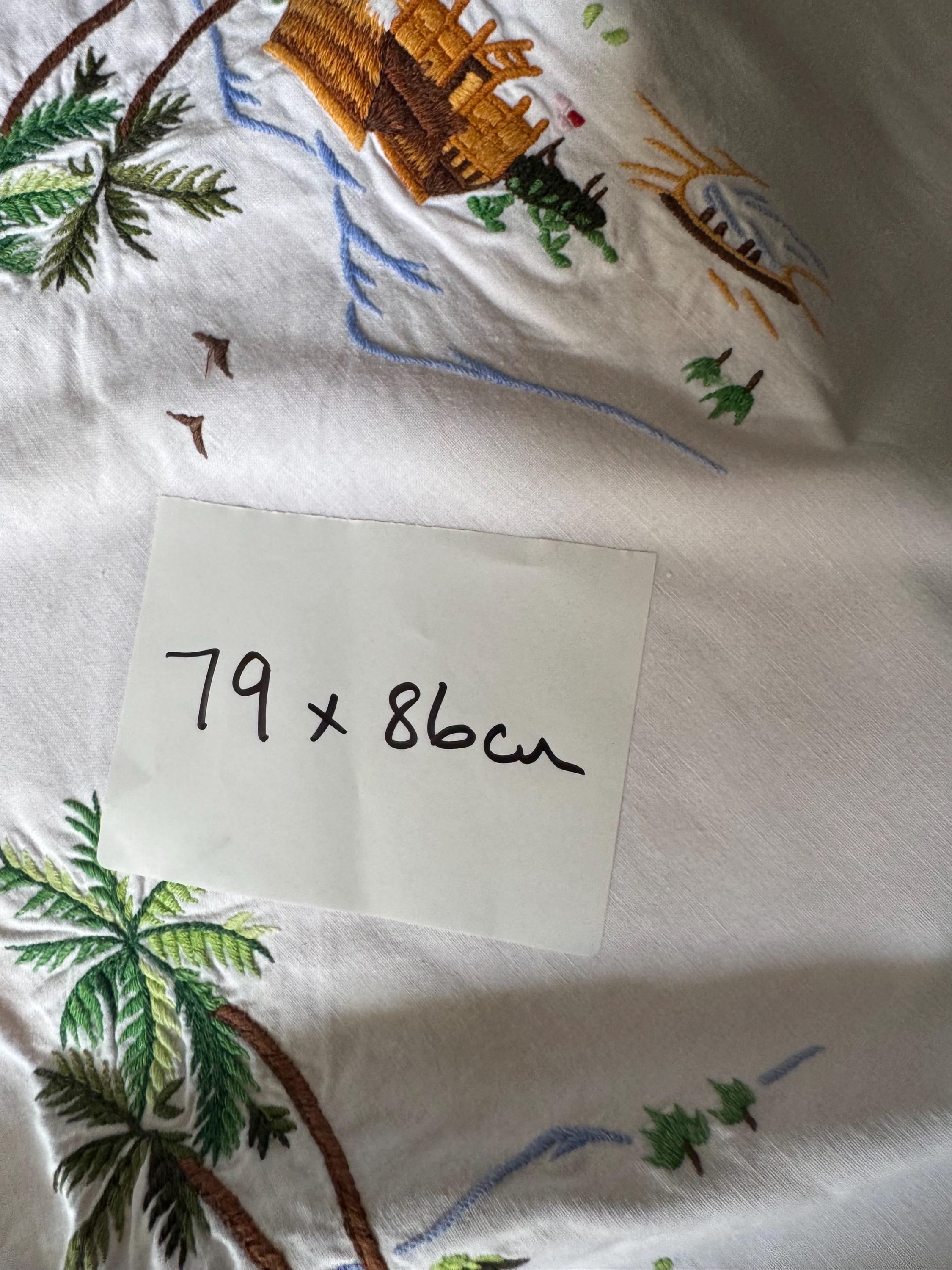 79 x 86 near square white blue green palm tree Chinese embroidered cotton oriental boat scene tablecloth chateau cottage Japanese