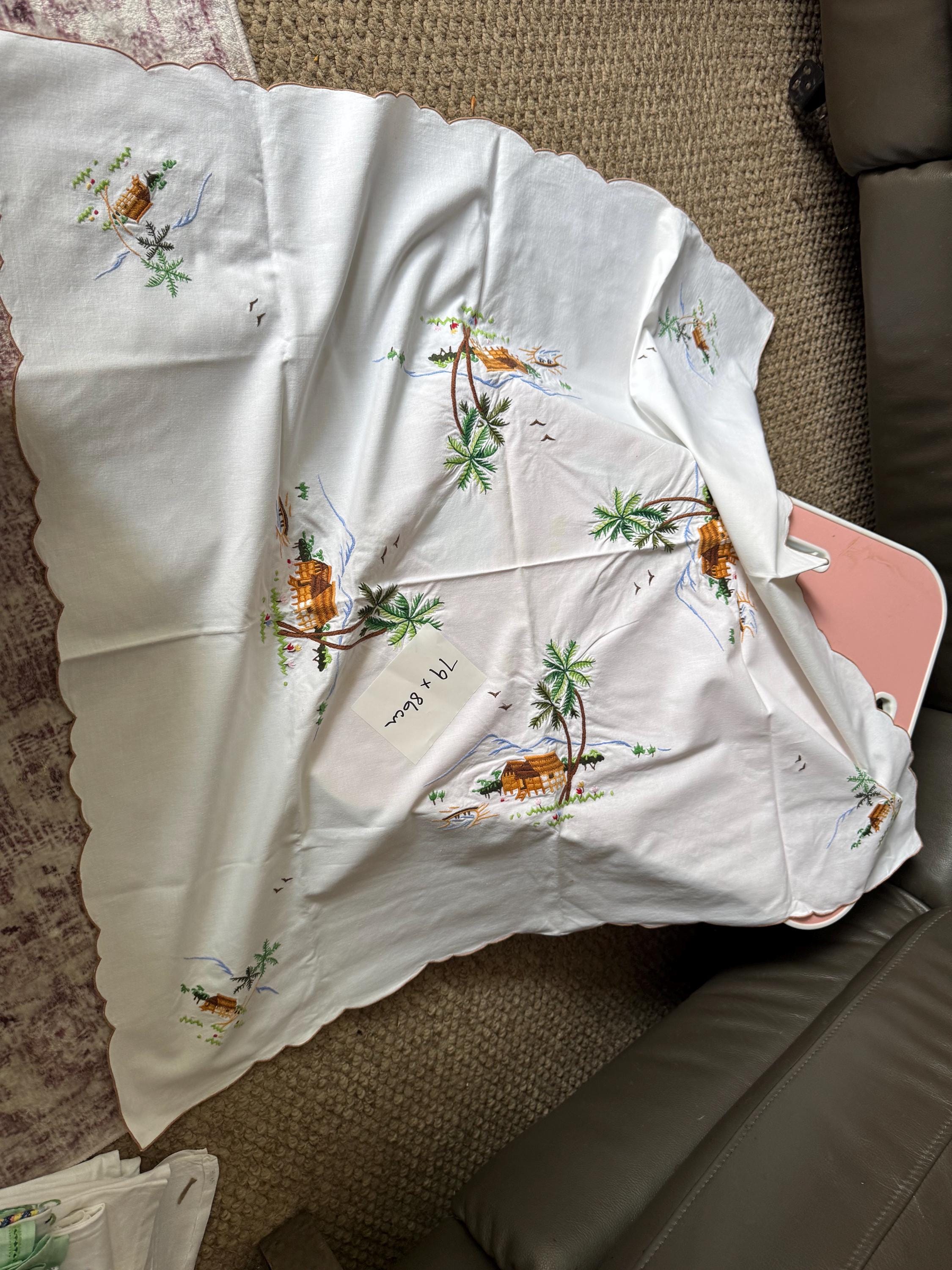 79 x 86 near square white blue green palm tree Chinese embroidered cotton oriental boat scene tablecloth chateau cottage Japanese