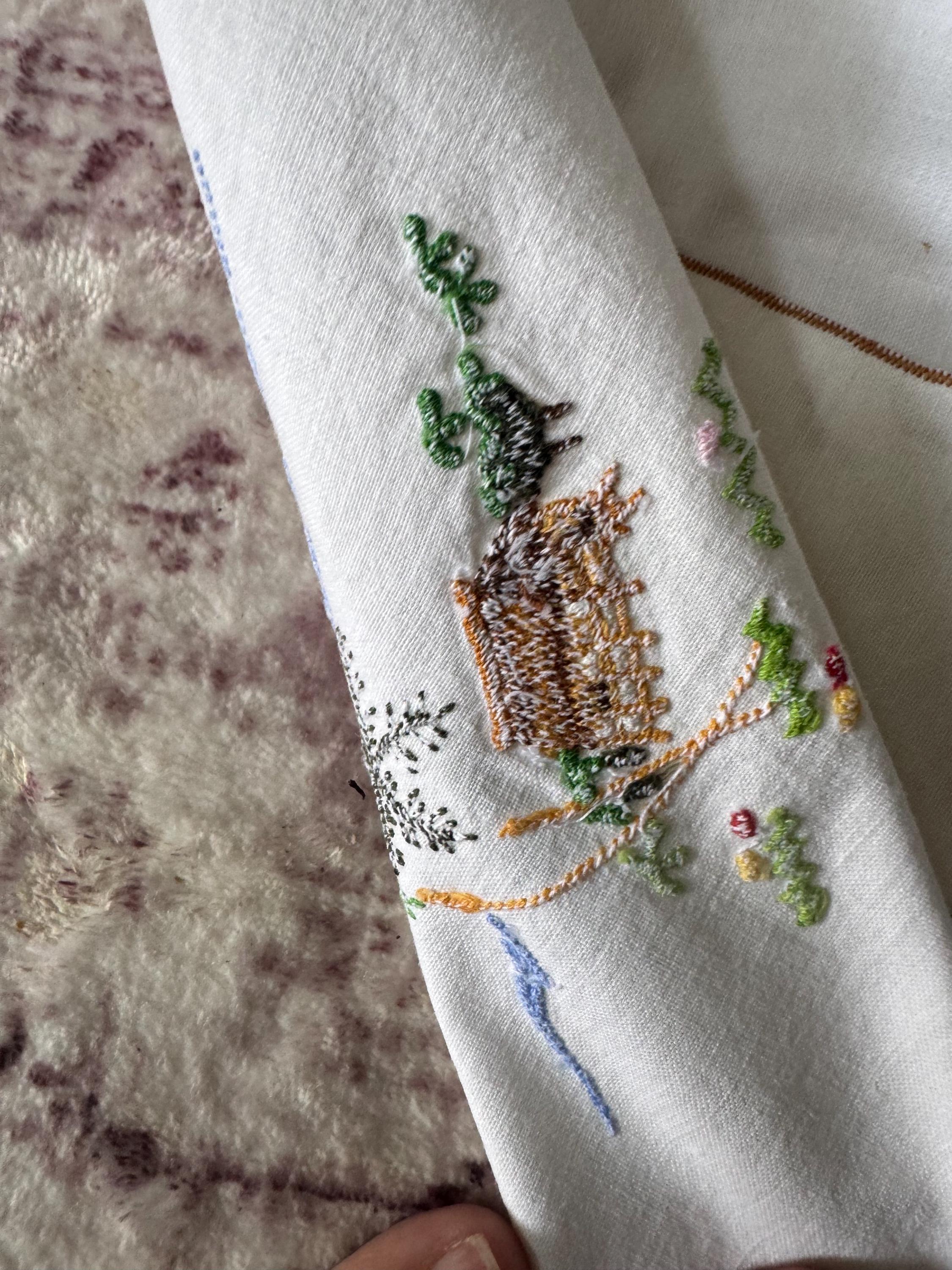 79 x 86 near square white blue green palm tree Chinese embroidered cotton oriental boat scene tablecloth chateau cottage Japanese