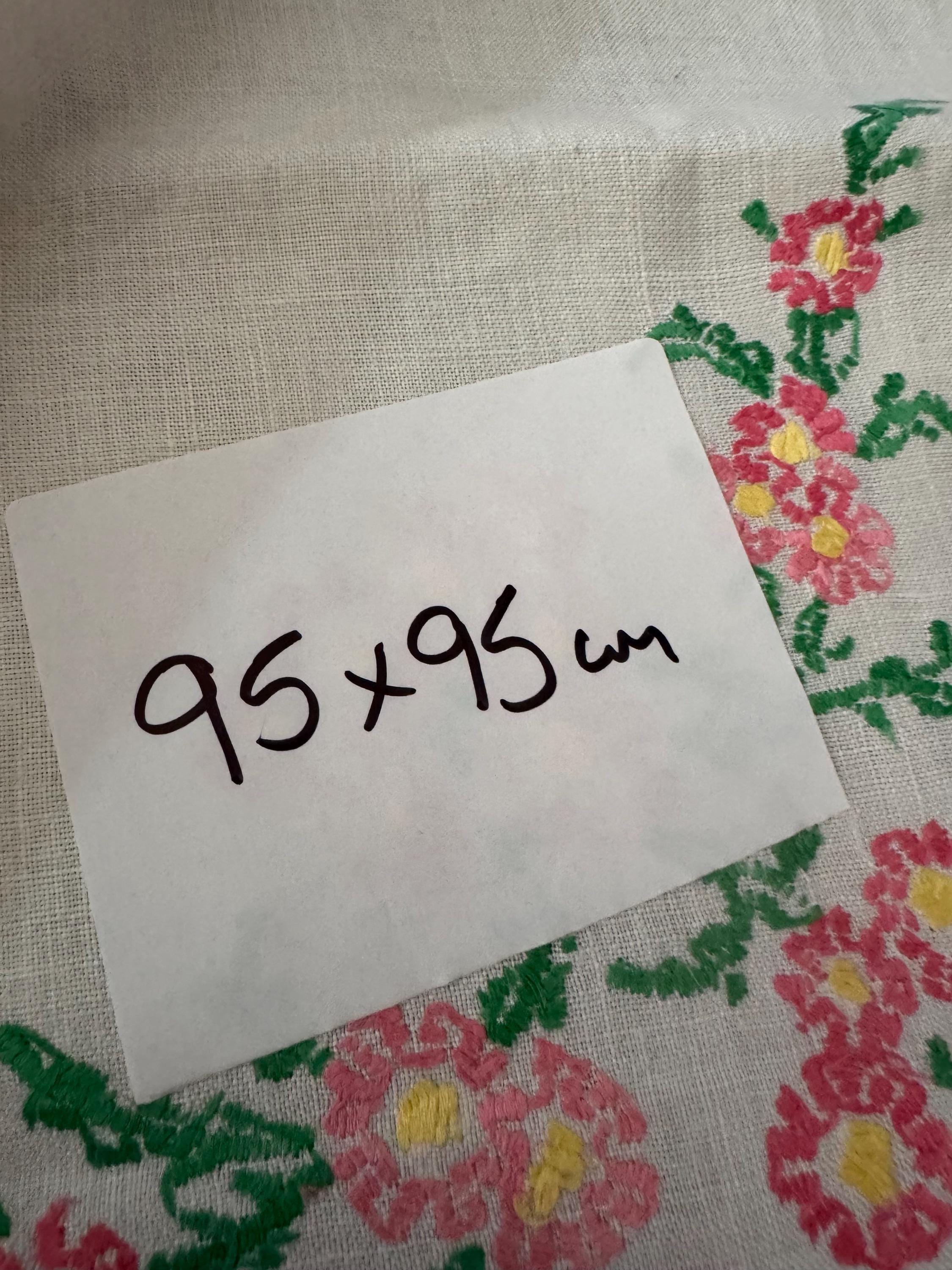 vintage 95cm square pink green floral embroidered linen tablecloth , mid century tablecloths , embroidery work