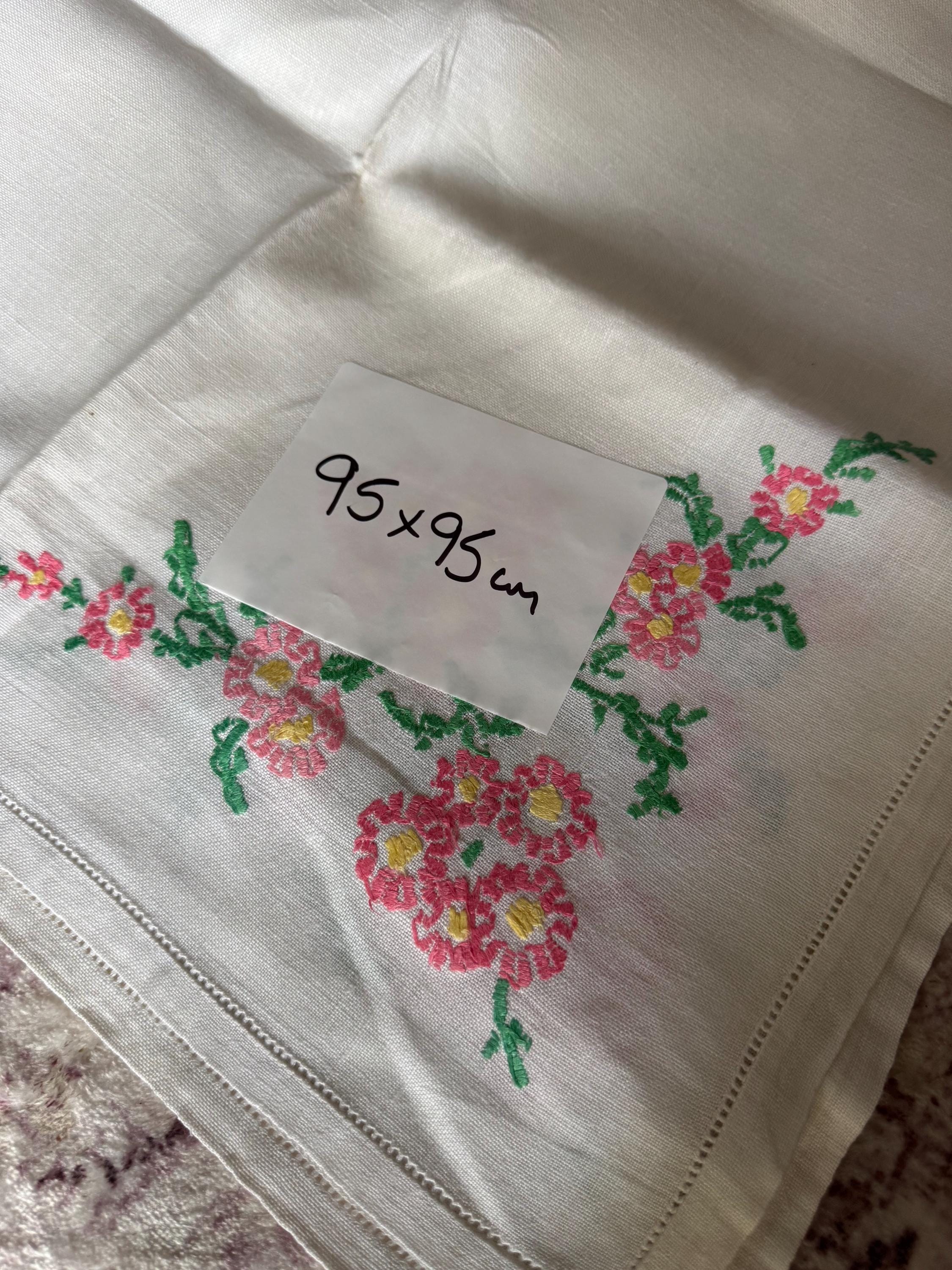 vintage 95cm square pink green floral embroidered linen tablecloth , mid century tablecloths , embroidery work