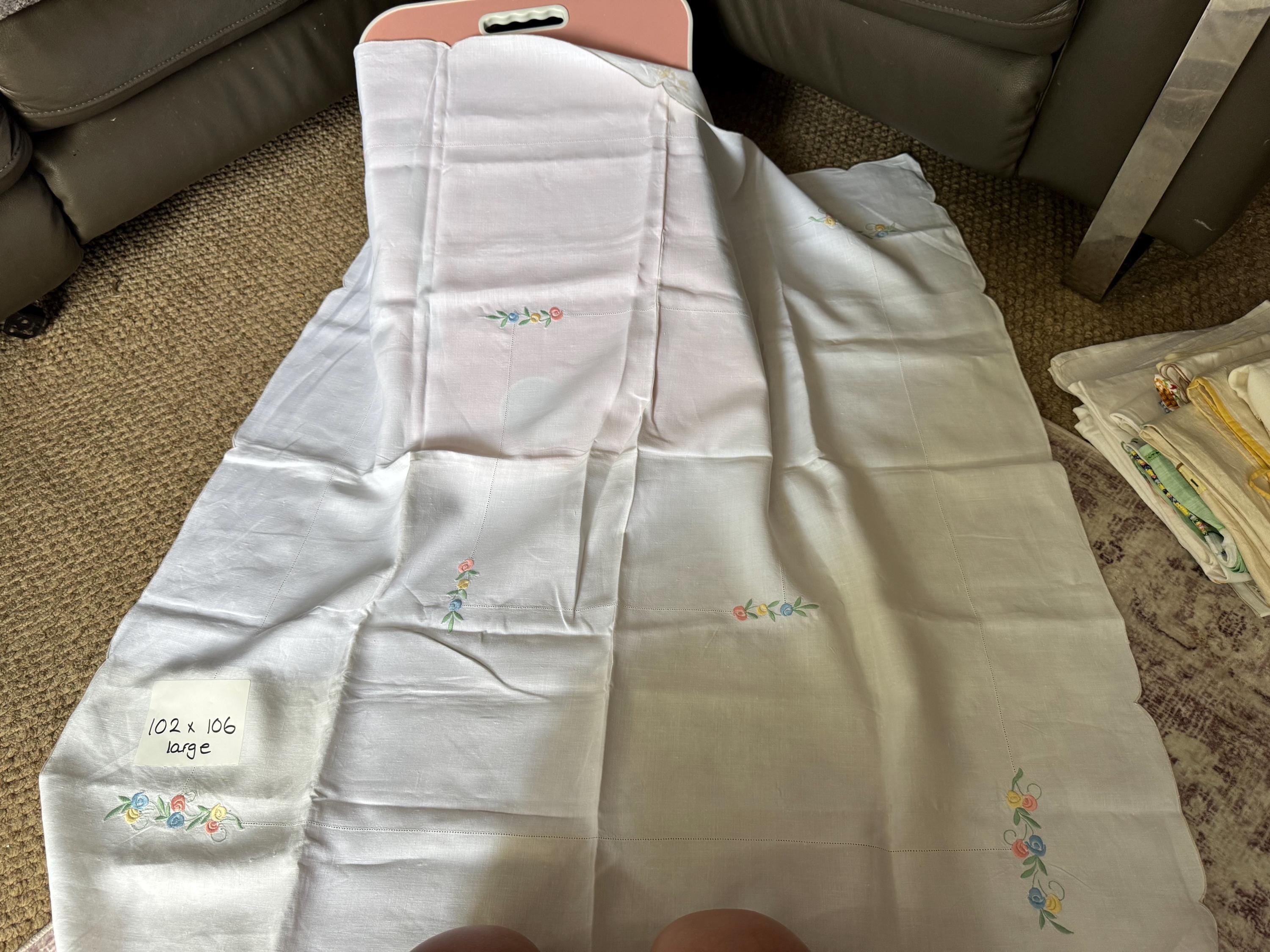 vintage 95cm square pink green floral embroidered linen tablecloth , mid century tablecloths , embroidery work