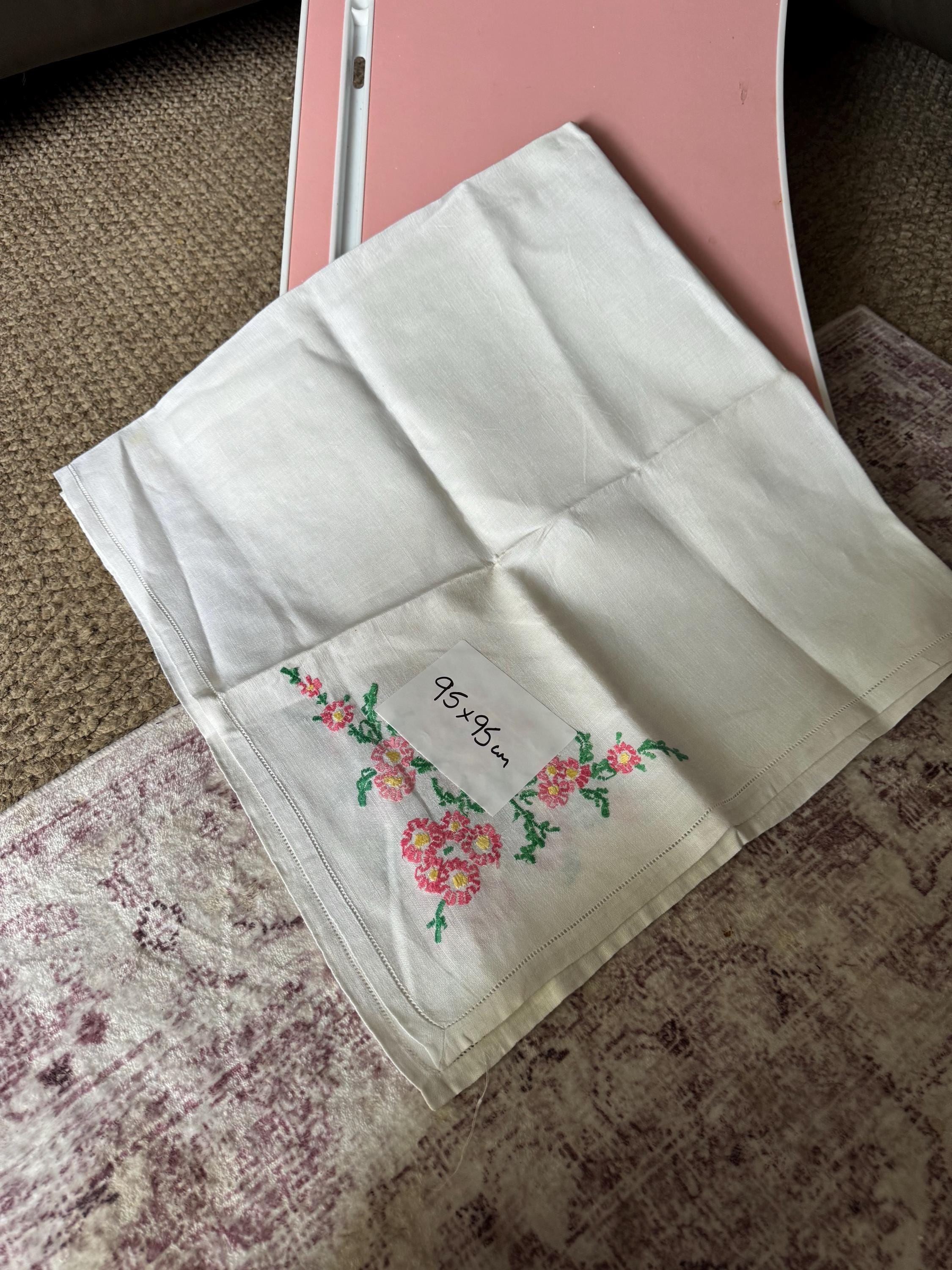 vintage 95cm square pink green floral embroidered linen tablecloth , mid century tablecloths , embroidery work