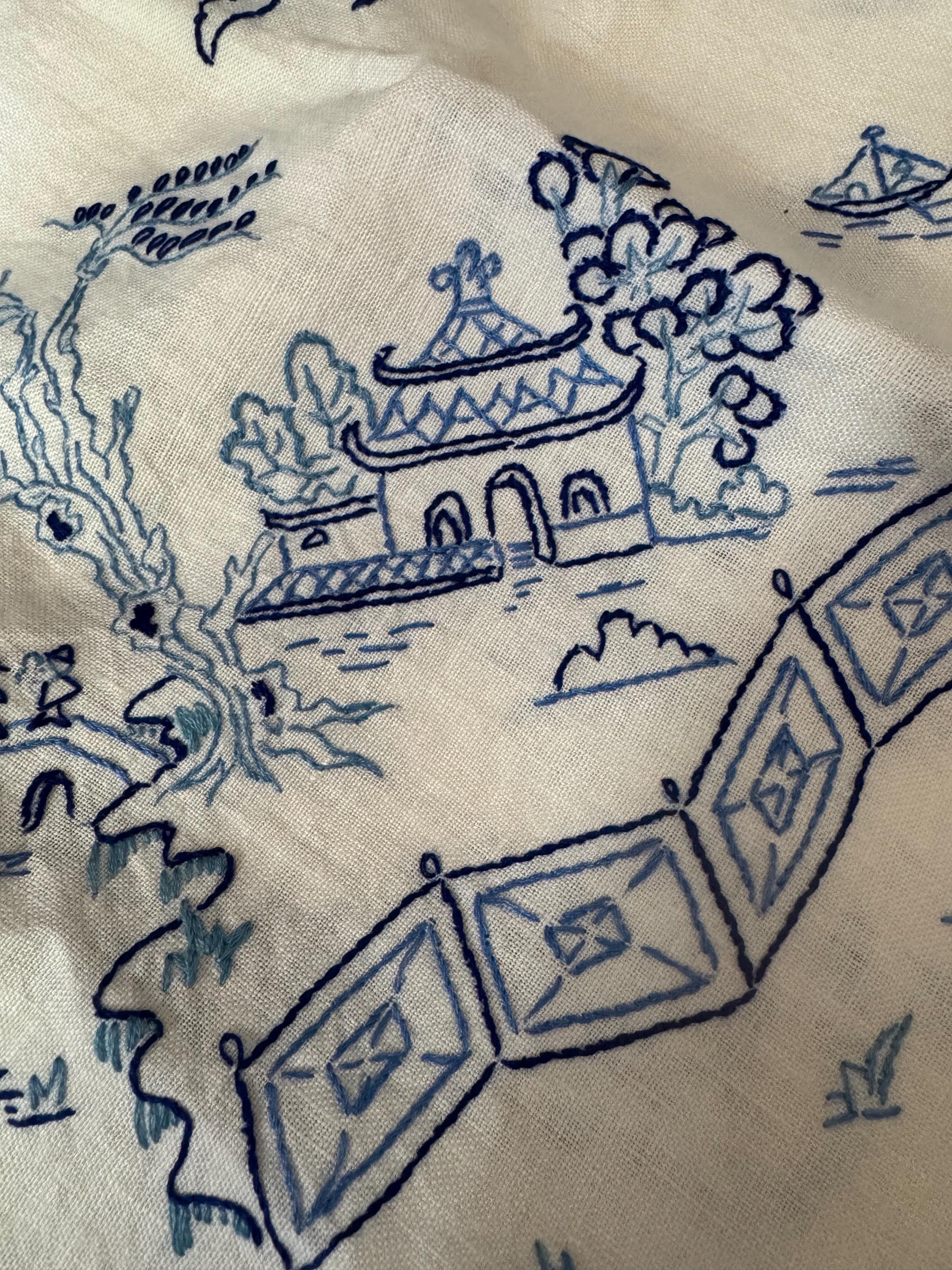 Hand Embroidered Floral Pagoda Tablecloth - Chinese Japanese Style (108 x 103cm)