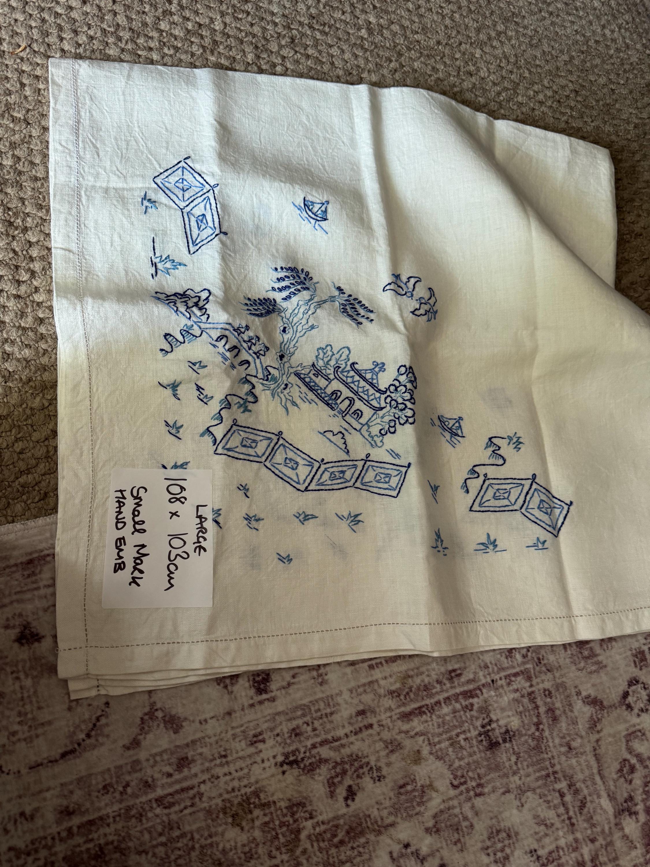 Hand Embroidered Floral Pagoda Tablecloth - Chinese Japanese Style (108 x 103cm)