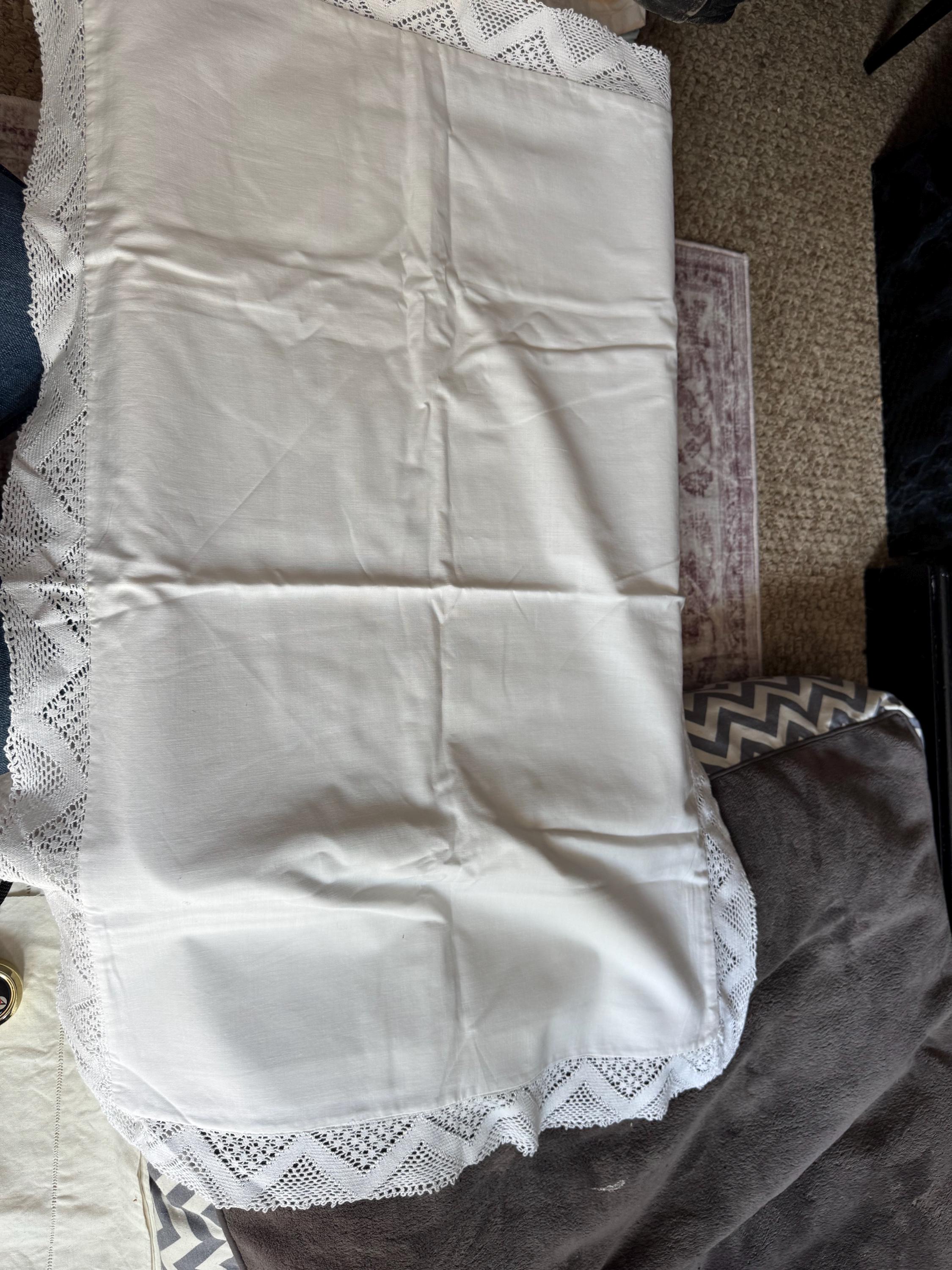 single plain white linen cotton pillowcase with crochet trim Chateau country cottage chic bedding boudoir