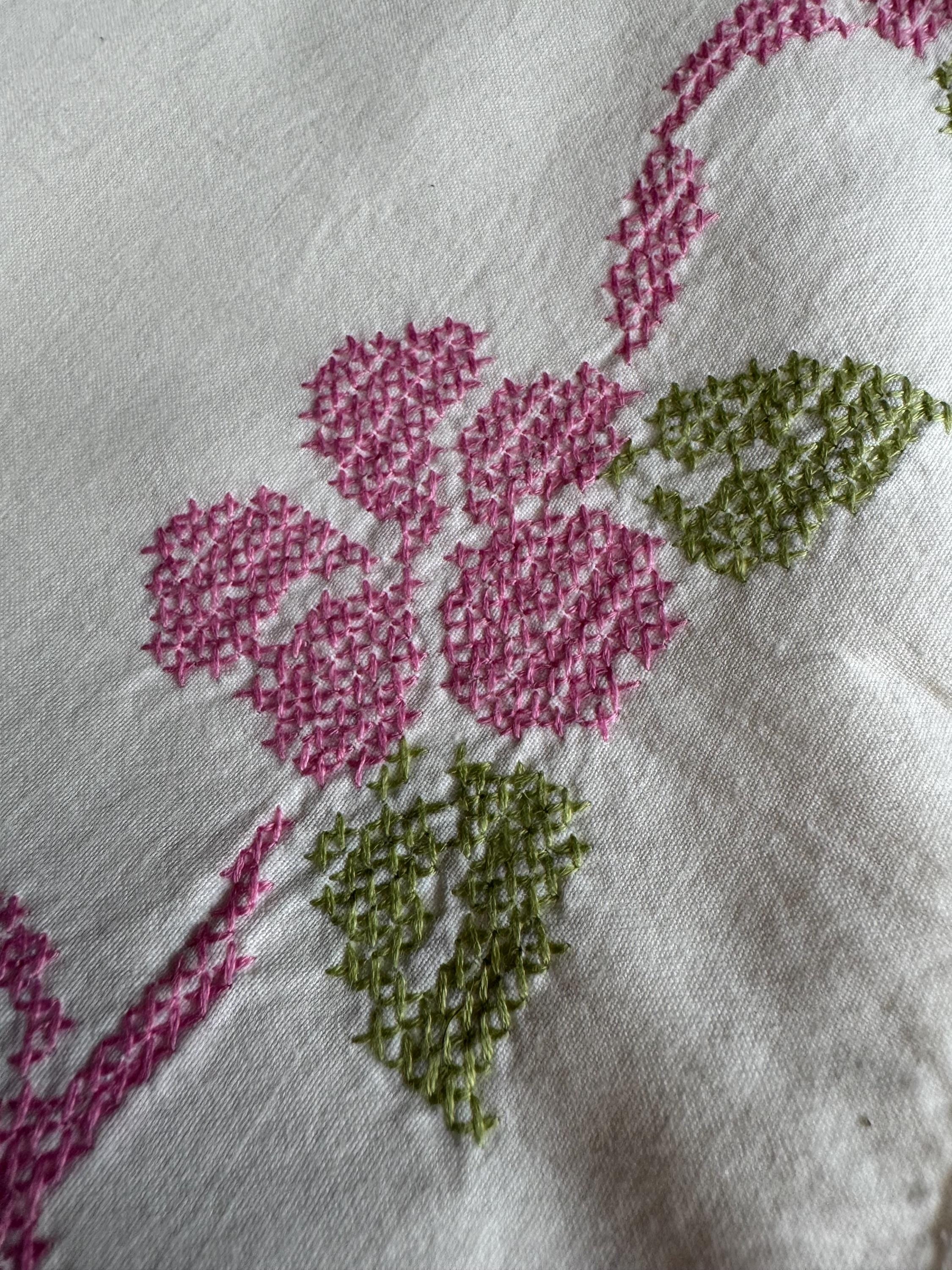 Vintage HAND embroidered floral pair of pillowcases pink green flowers pastels