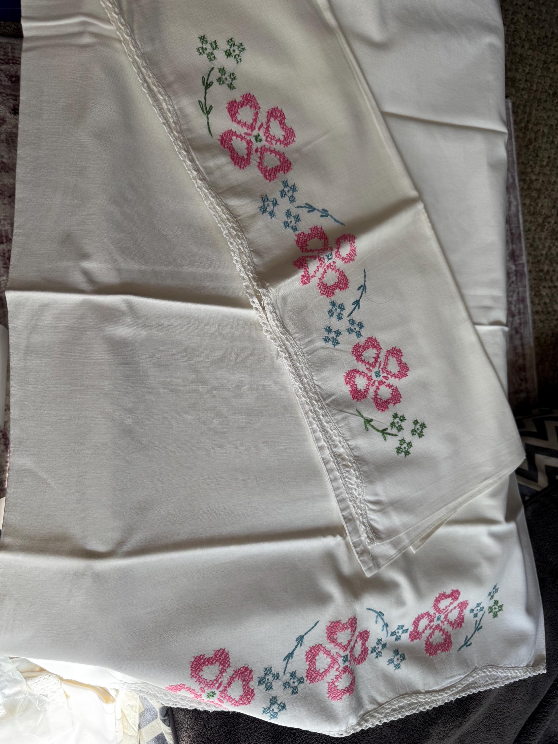 Vintage HAND embroidered floral pair of pillowcases pink green flowers pastels